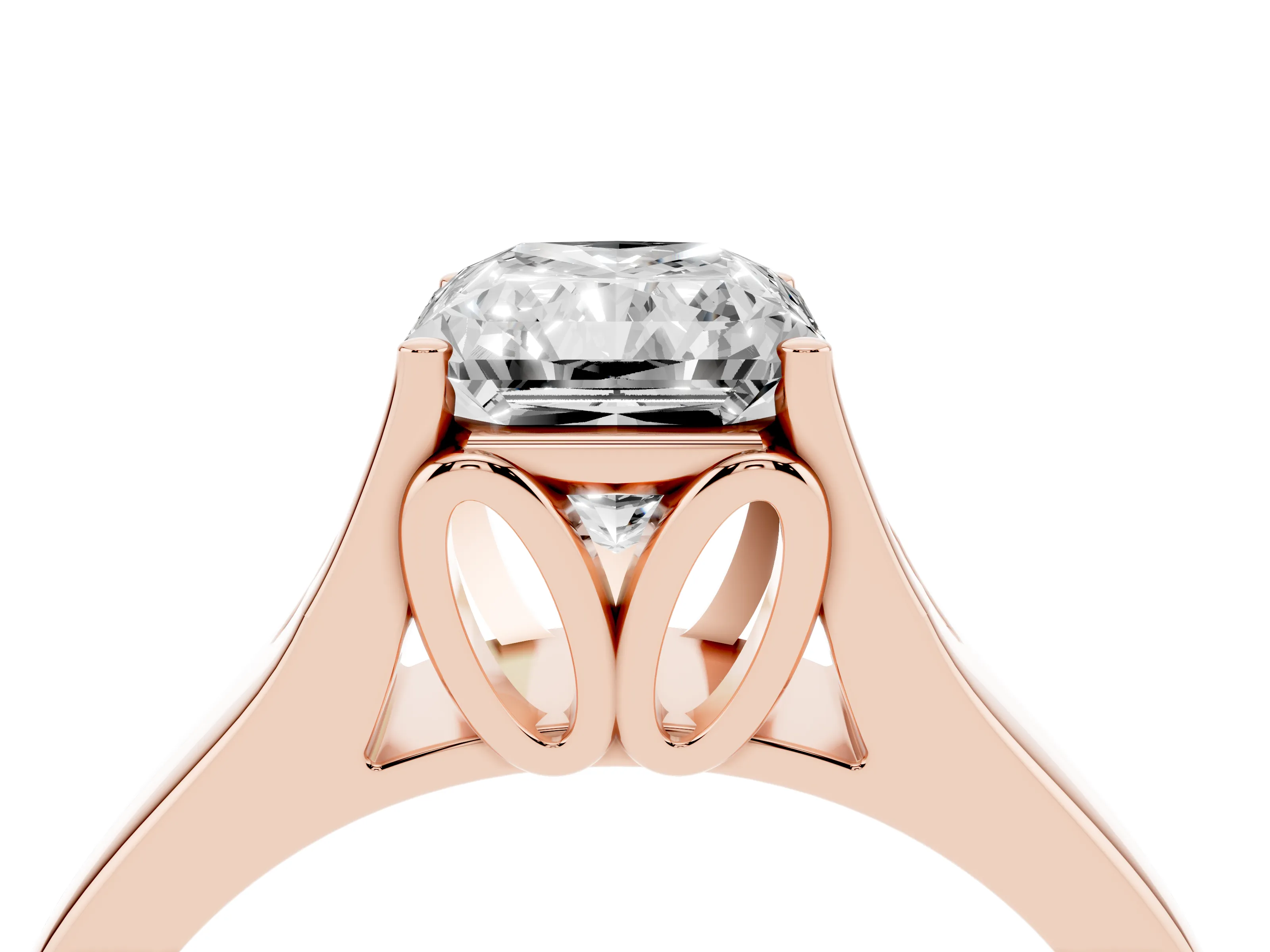 Radiant Cut Diamond Solitaire Ring Set in Rose gold with Arched Cathedral Band and Prong Setting