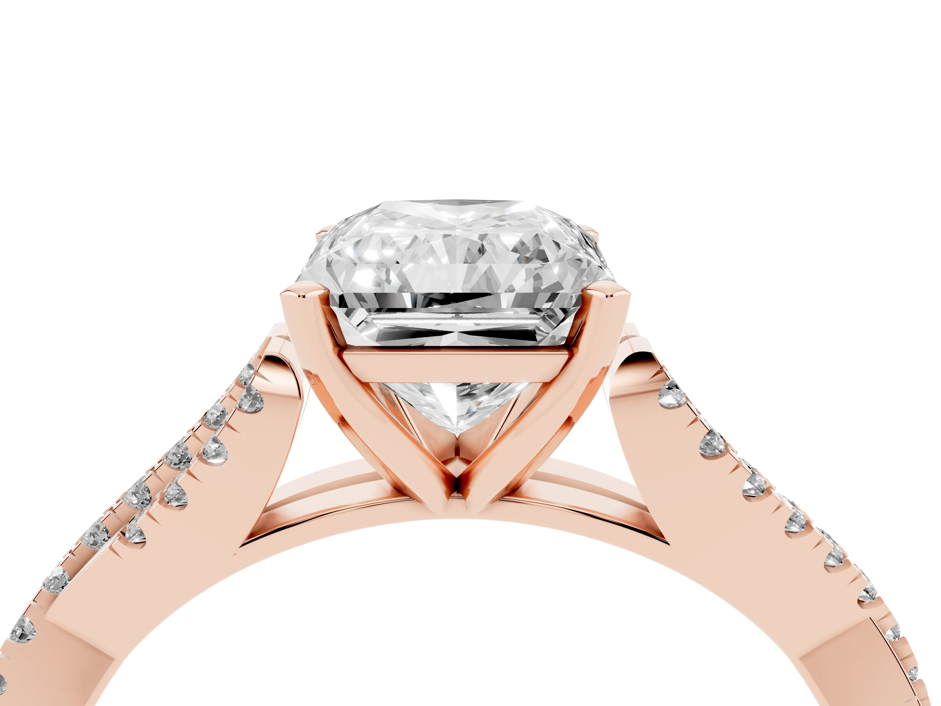 Radiant Cut Diamond Solitaire Engagement Ring Set in Rose gold with Twisted Pavé Band and Prong Setting