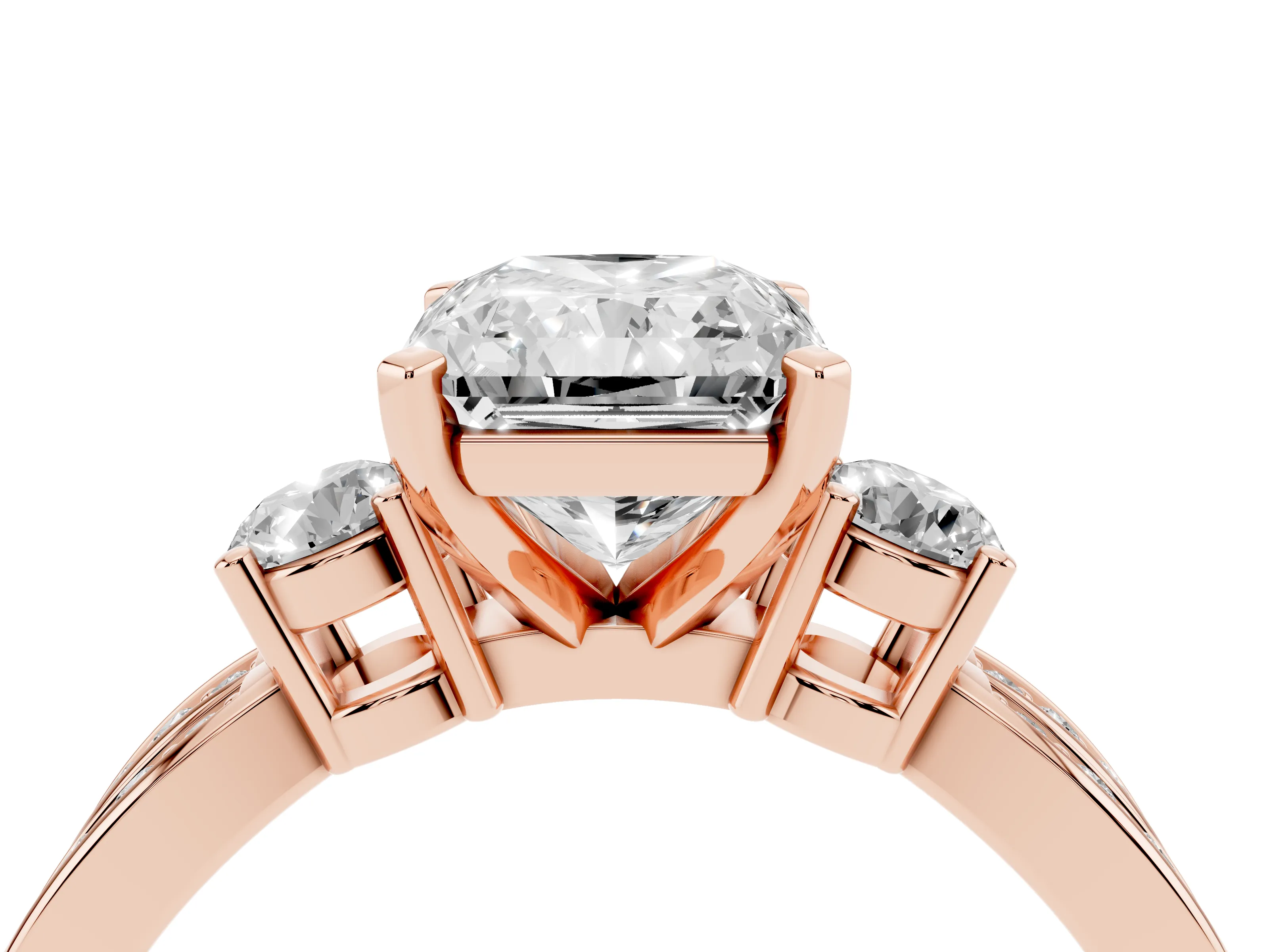 Three-Stone Radiant Cut Diamond Twist Band Ring Set in Rose gold with Pavé Accents and Prong Setting