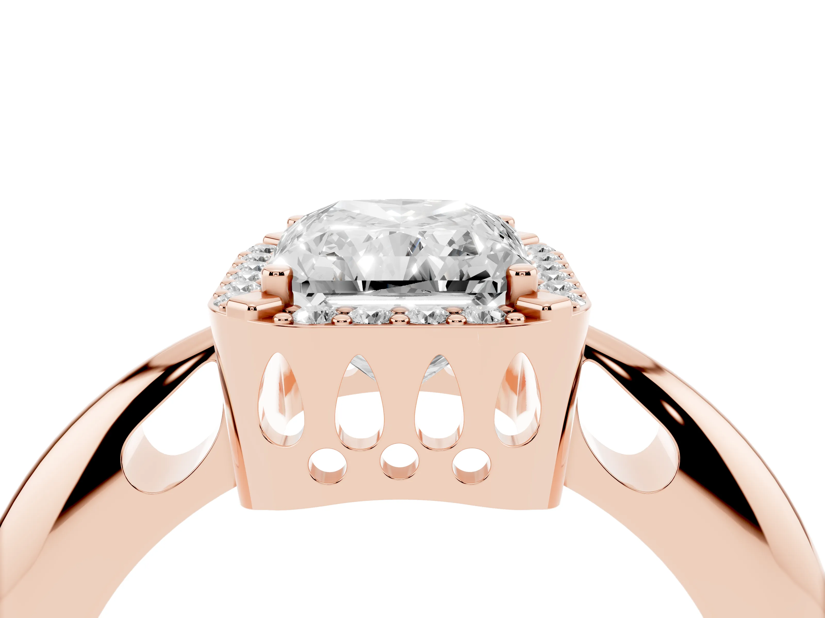 Radiant Cut Diamond Halo Engagement Ring Set in Rose gold with Plain Split Shank and Prong Setting