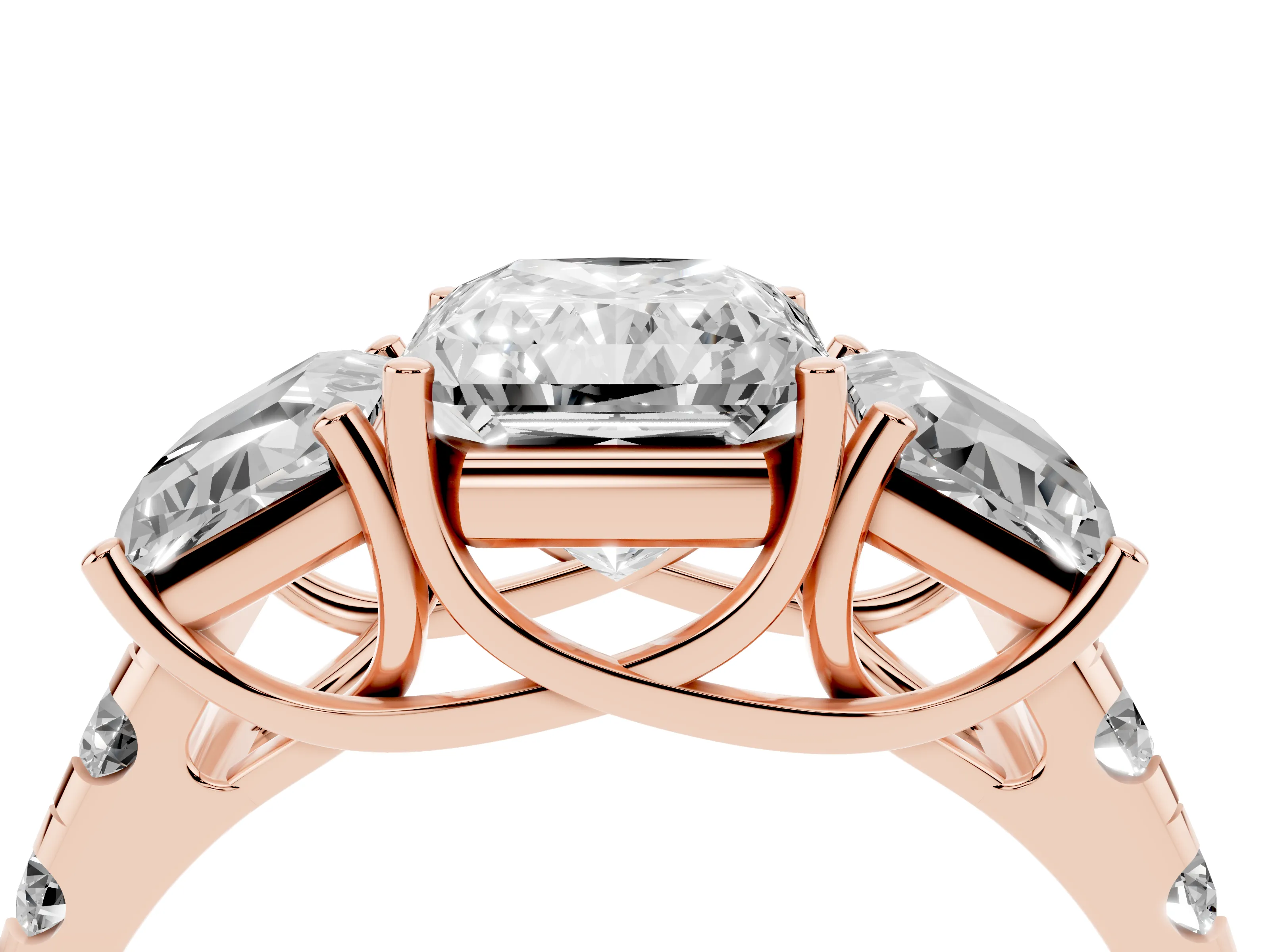 Radiant Cut Diamond Three-Stone Ring Set in Rose gold with Pavé Band
