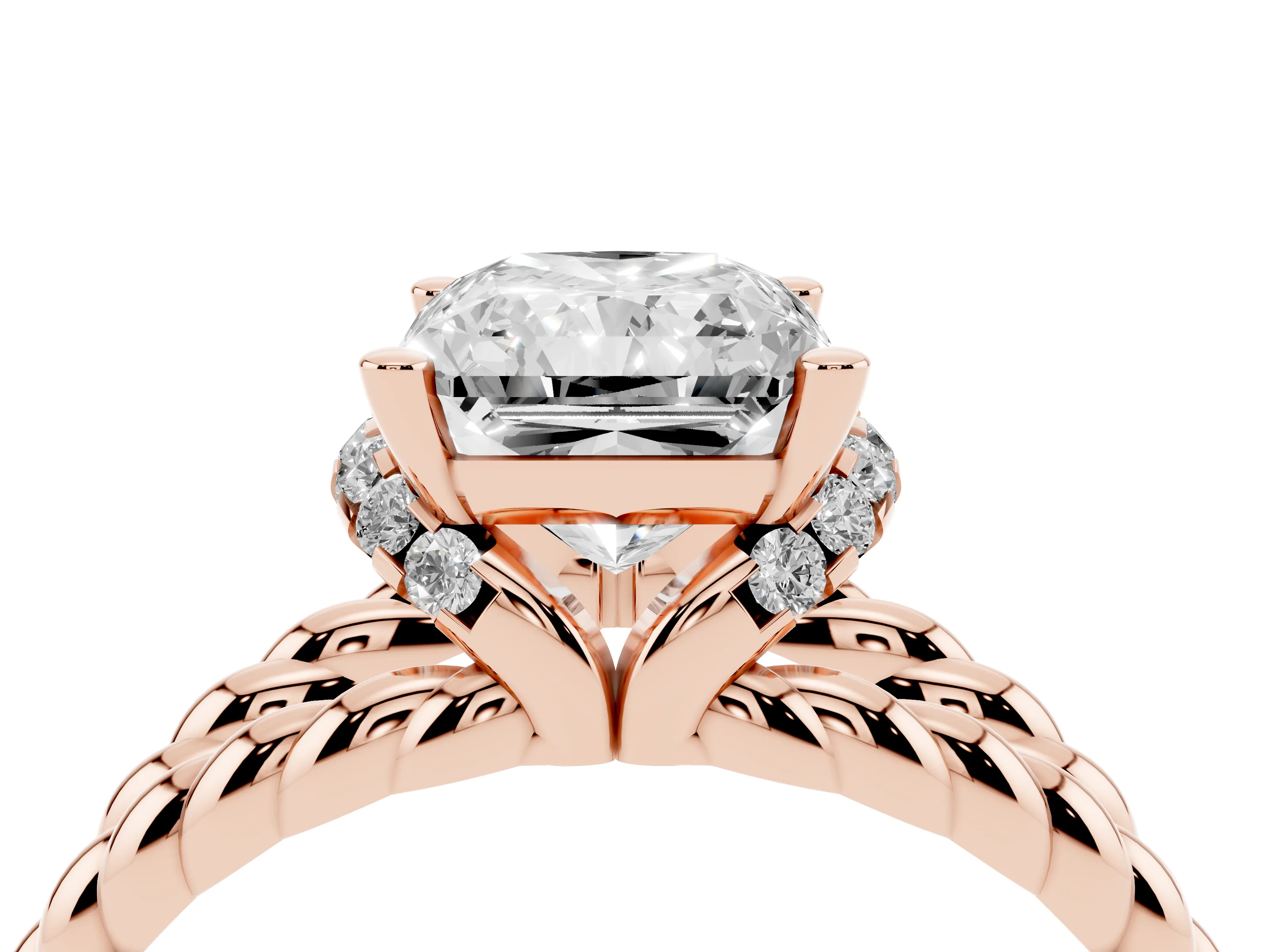 Radiant Cut Diamond Halo Ring Set in Rose gold with Twisted Band and Prong Setting