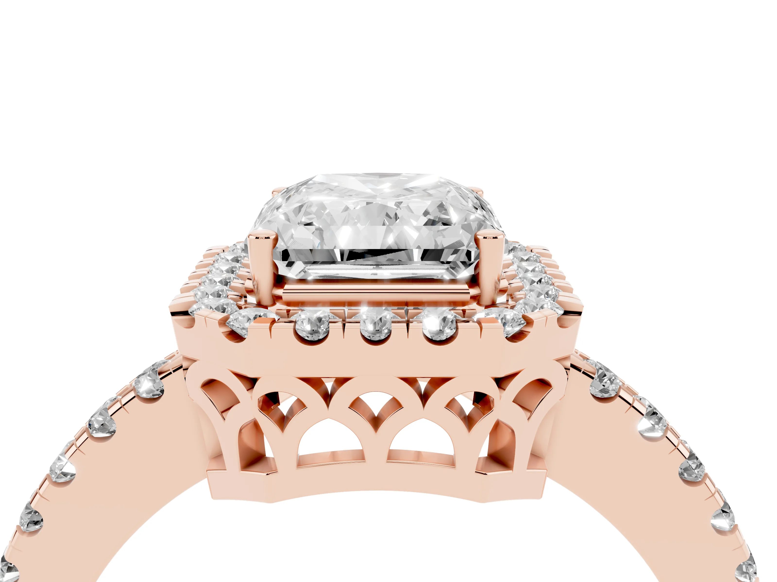 Radiant Cut Diamond Pavé Band Halo Engagement Ring Set in Rose gold with Prong Setting
