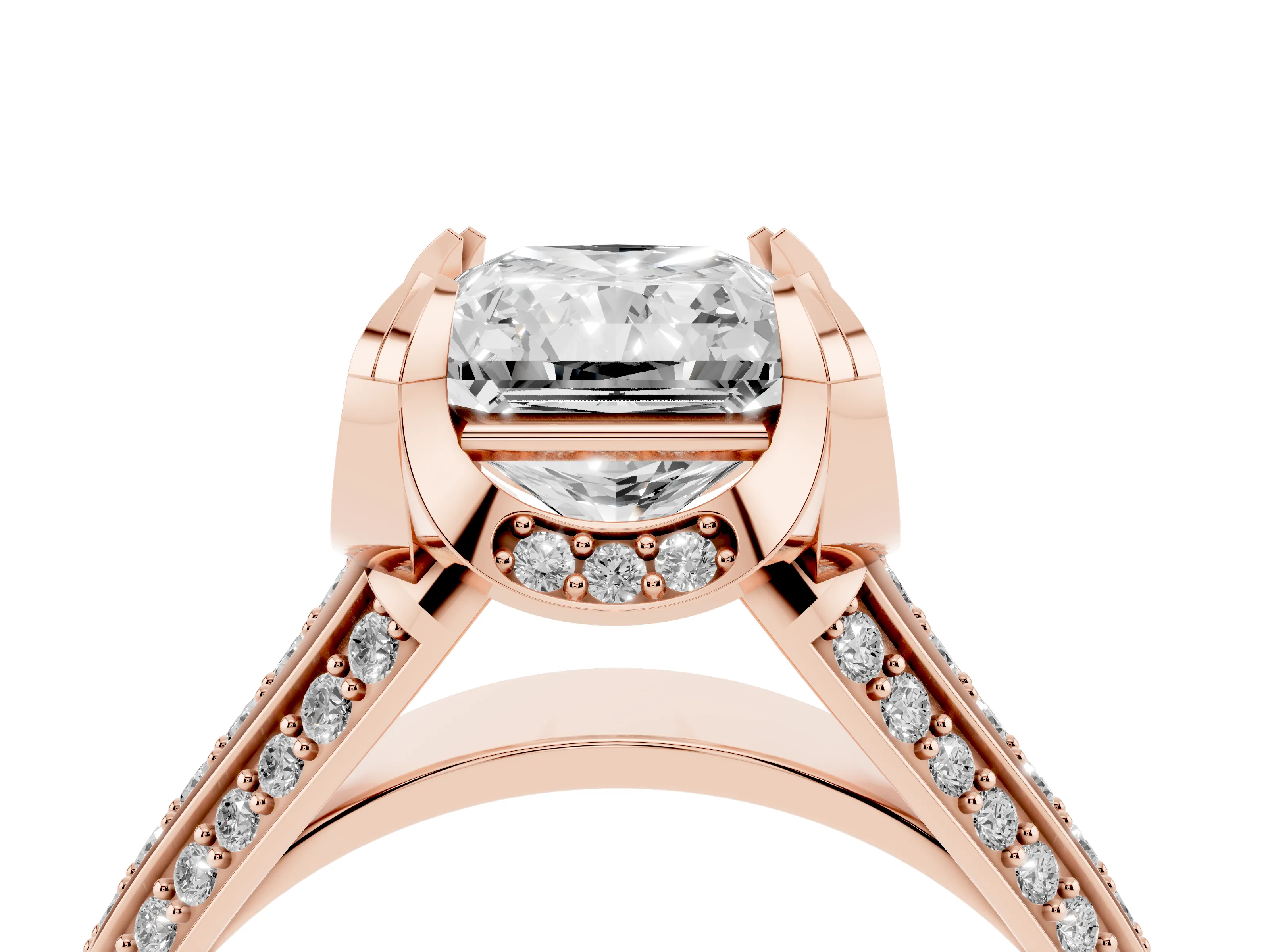 Radiant Cut Diamond Pavé Split Shank Solitaire Ring Set in Rose gold with Prong Setting