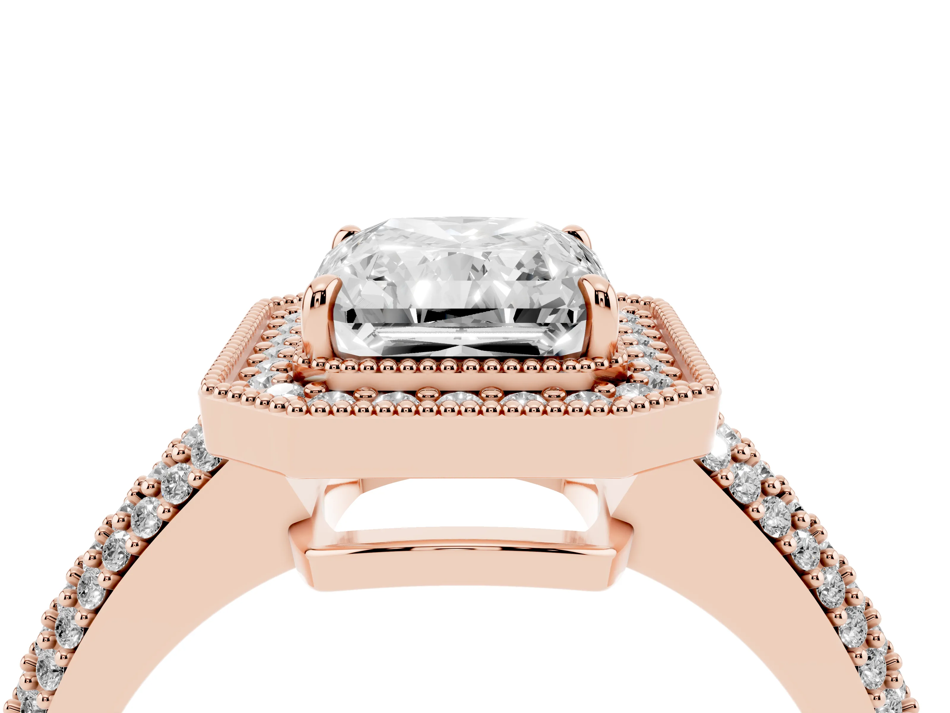 Radiant Cut Diamond Halo Pavé Band Set in Rose gold with Prong Setting