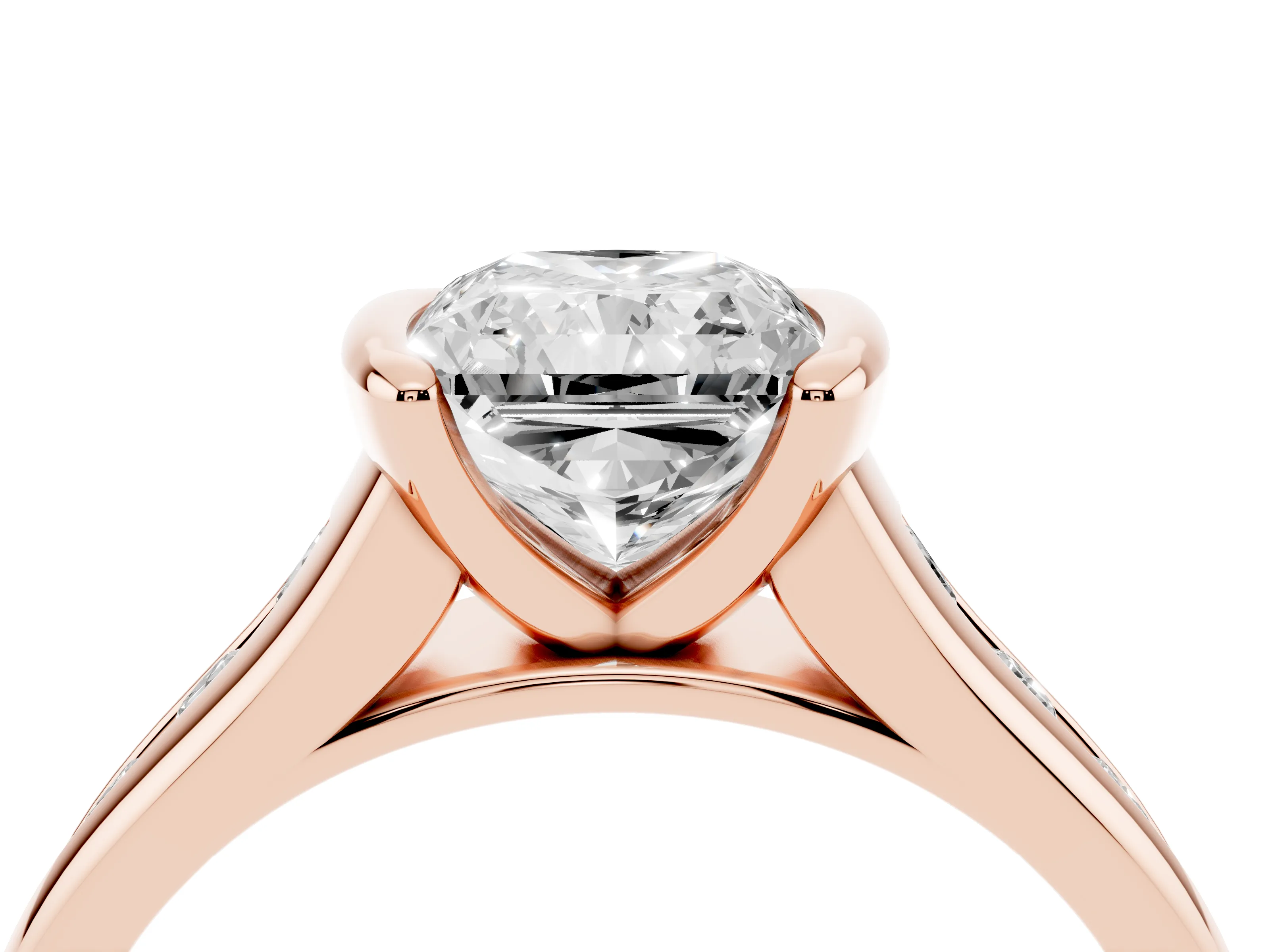 Radiant Cut Diamond Bezel-Set Solitaire Ring Set in Rose gold with Channel-Set Band