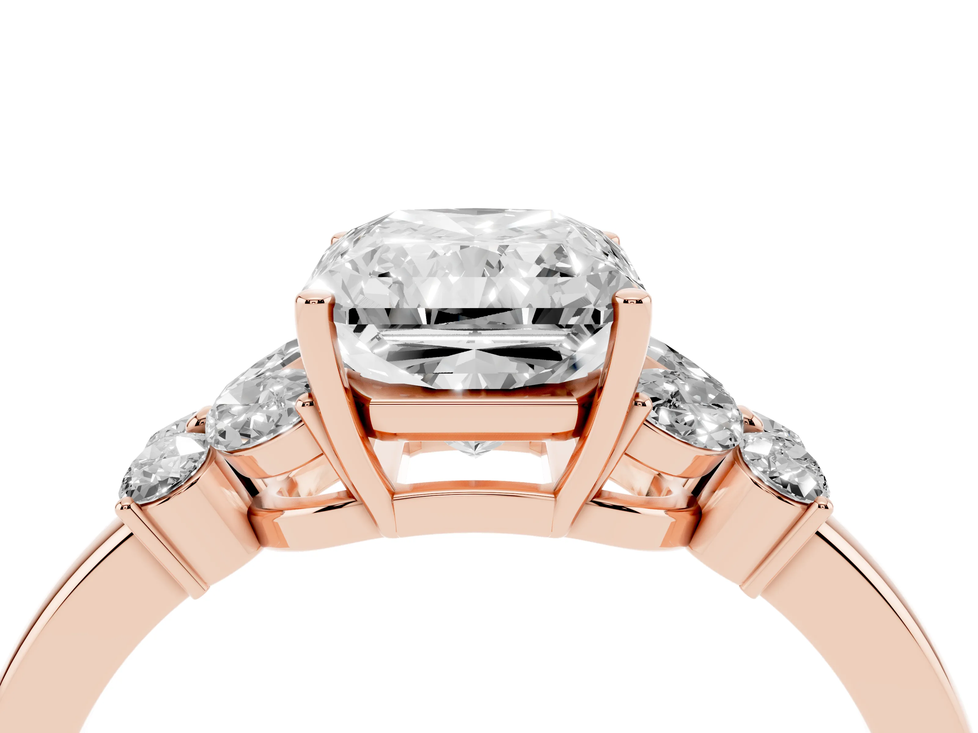 Radiant Cut Diamond Solitaire Floral Ring Set in Rose gold with Marquise Petals and Prong Setting