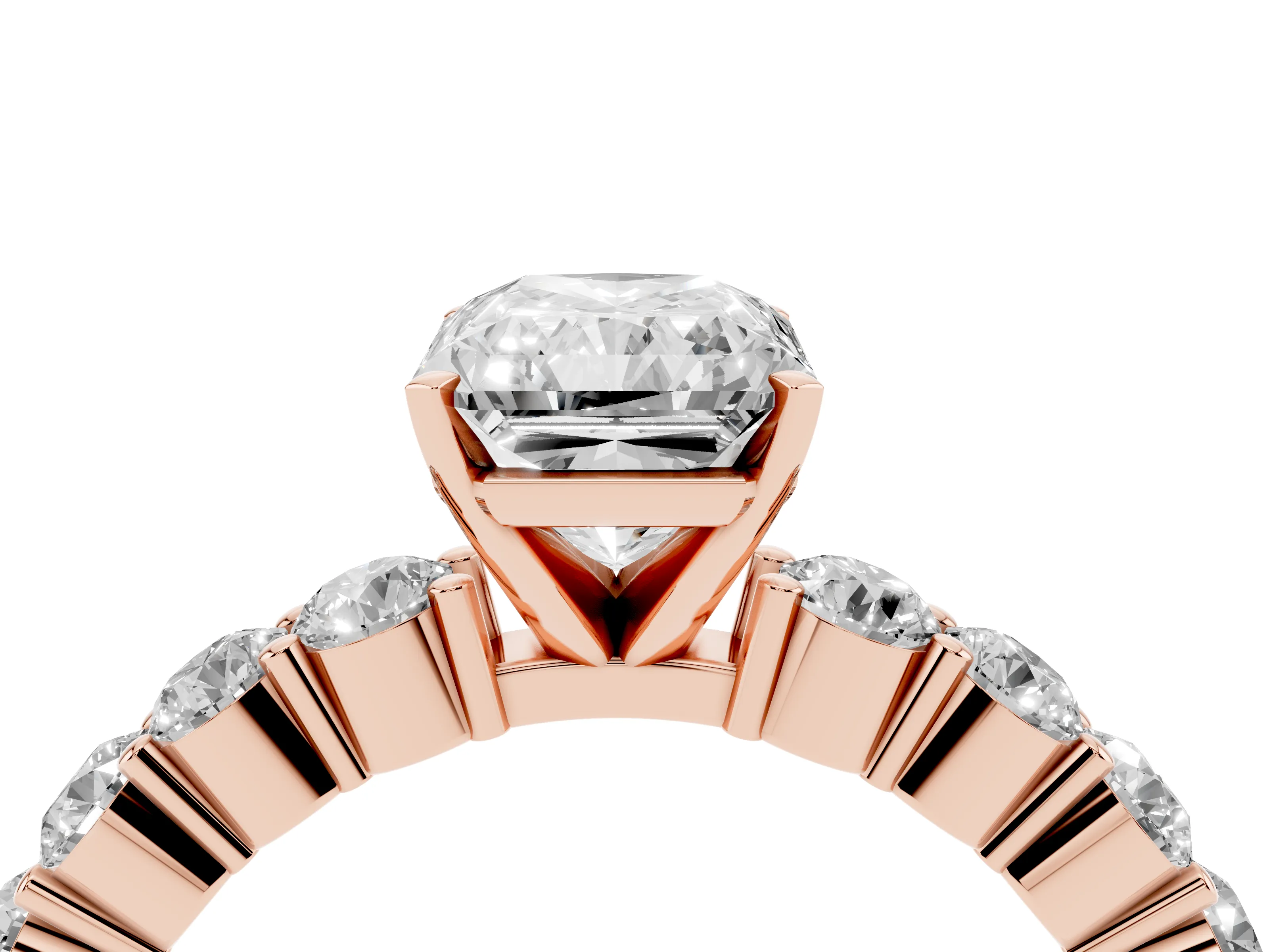 Radiant Cut Diamond Solitaire Ring Set in Rose gold with Shared Prong Round Side Stones