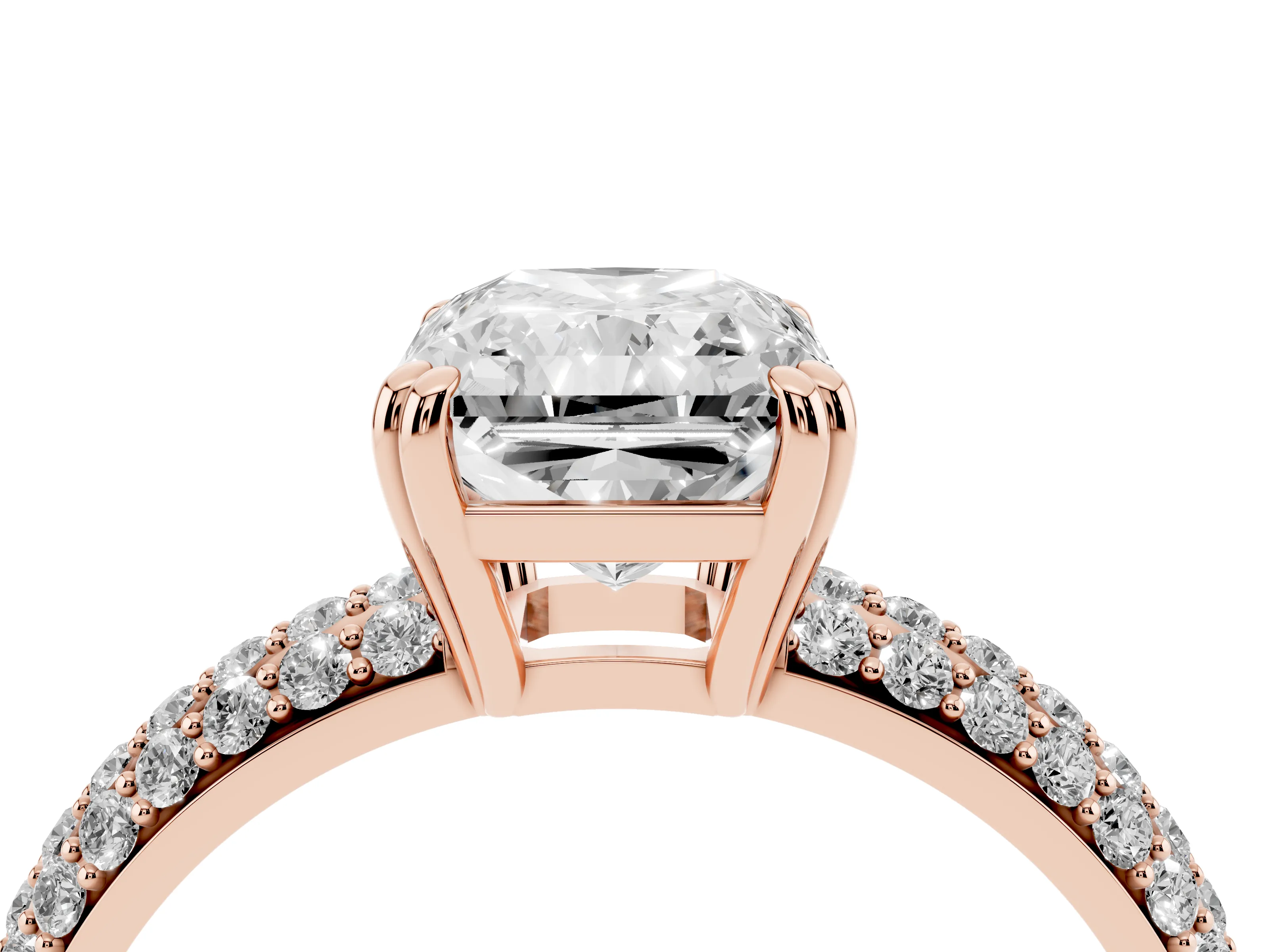Radiant Cut Diamond Solitaire Ring Set in Rose gold with Multi-Row Round Pavé Band and Prong Setting