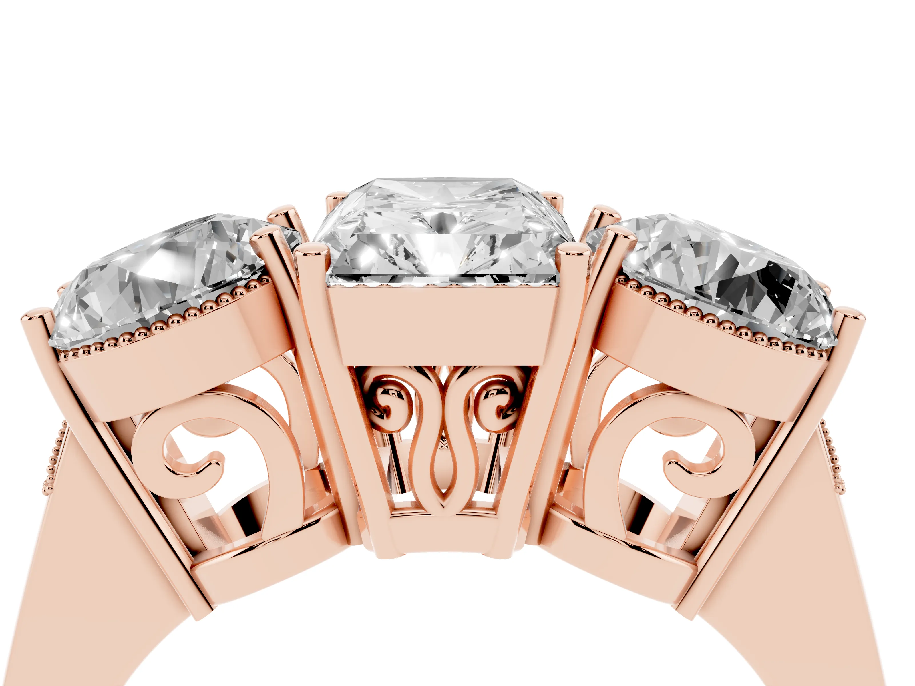 Radiant Cut Diamond Three-Stone Engagement Ring Set in Rose gold with Polished Band