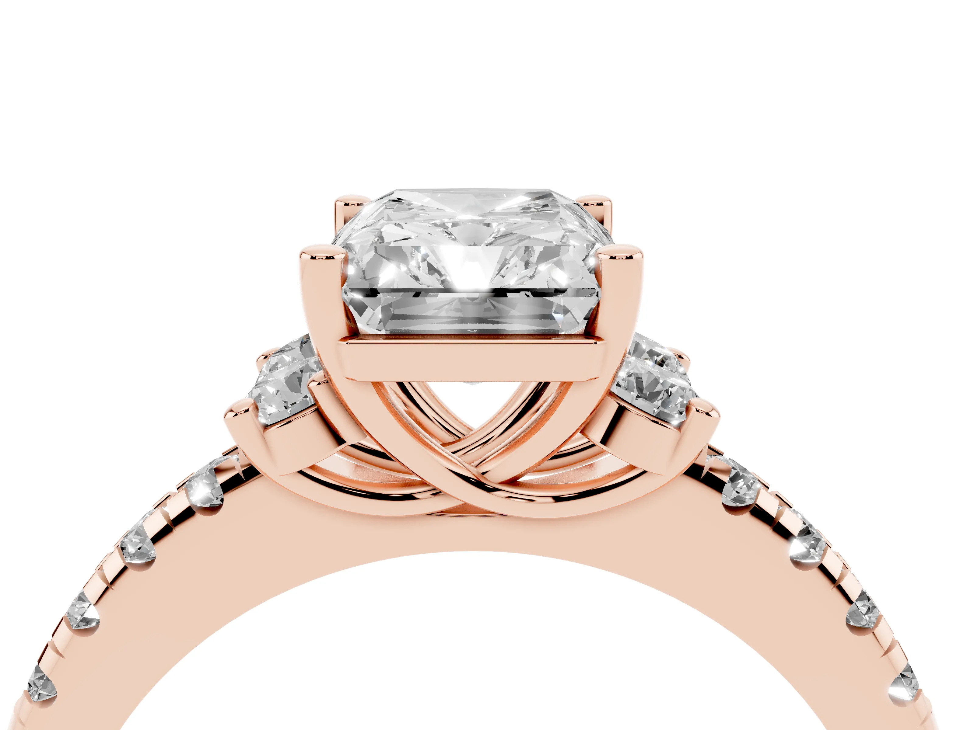 Radiant Cut Diamond Three-Stone Pavé Ring Set in Rose gold with Prong Setting