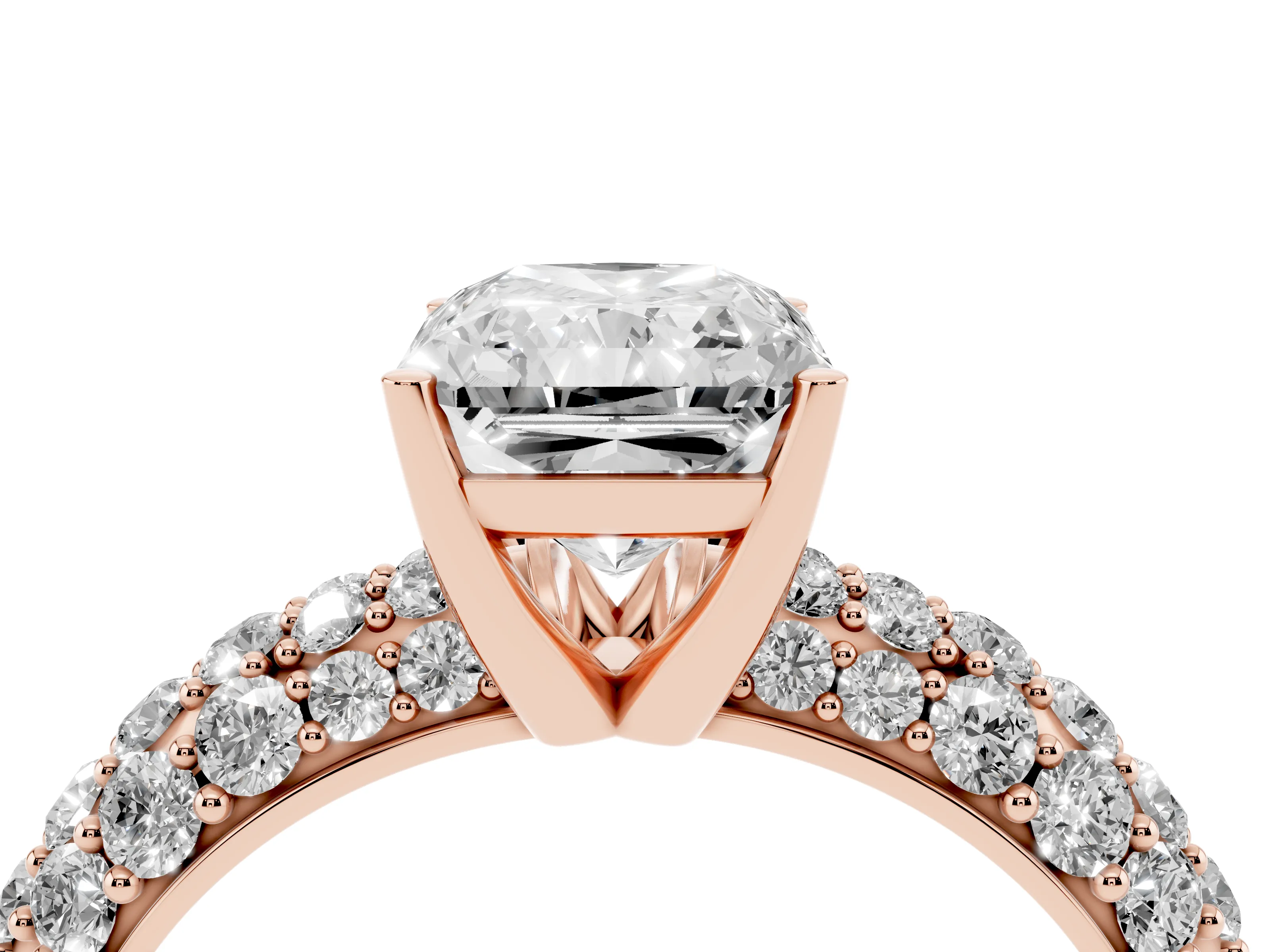 Radiant Cut Diamond Pavé Band Solitaire Ring Set in Rose gold with Close-Set Accent Stones and Prong Setting