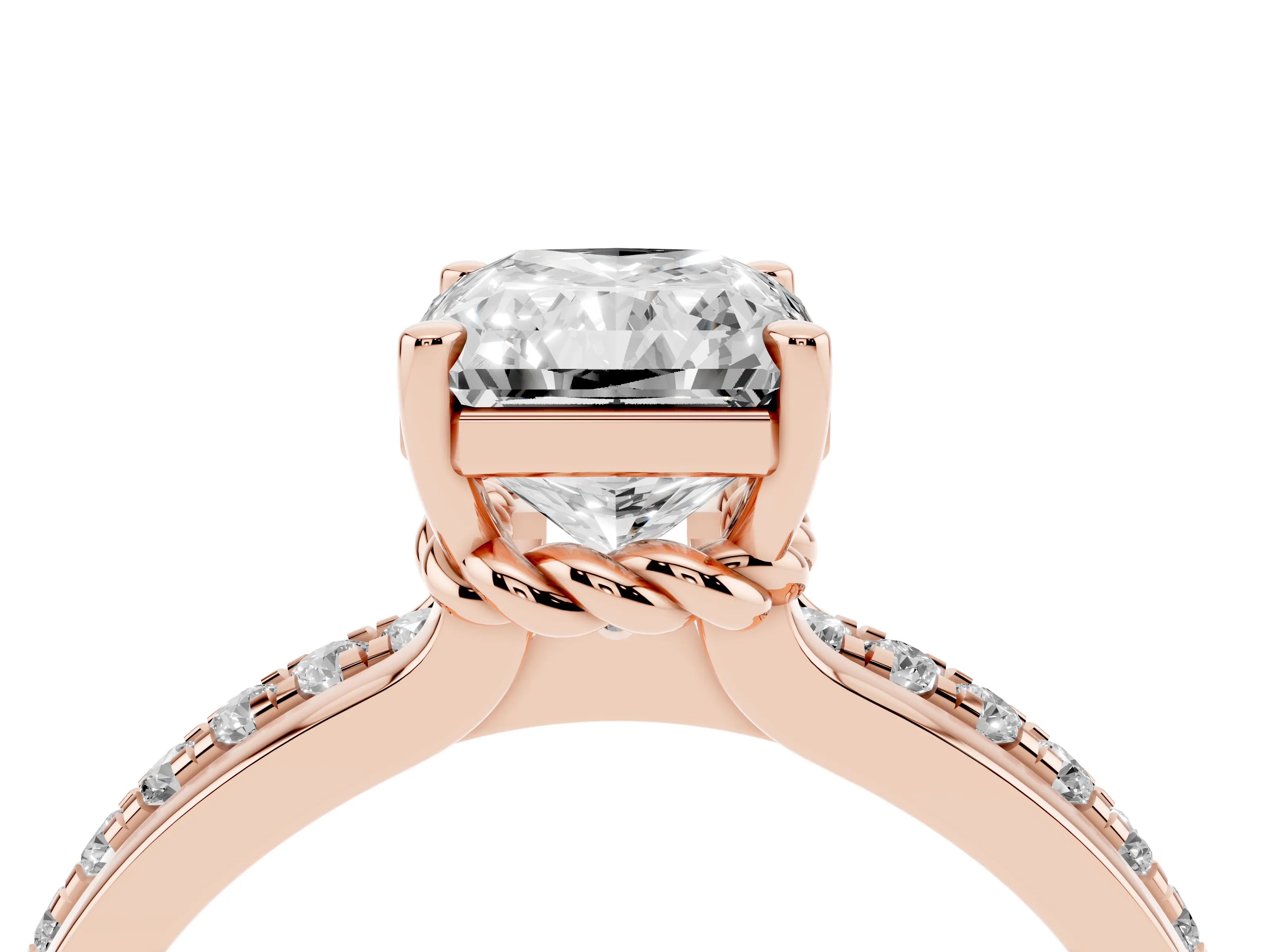 Radiant Cut Diamond Solitaire Ring Set in Rose gold with Channel Set Band and Prong Setting