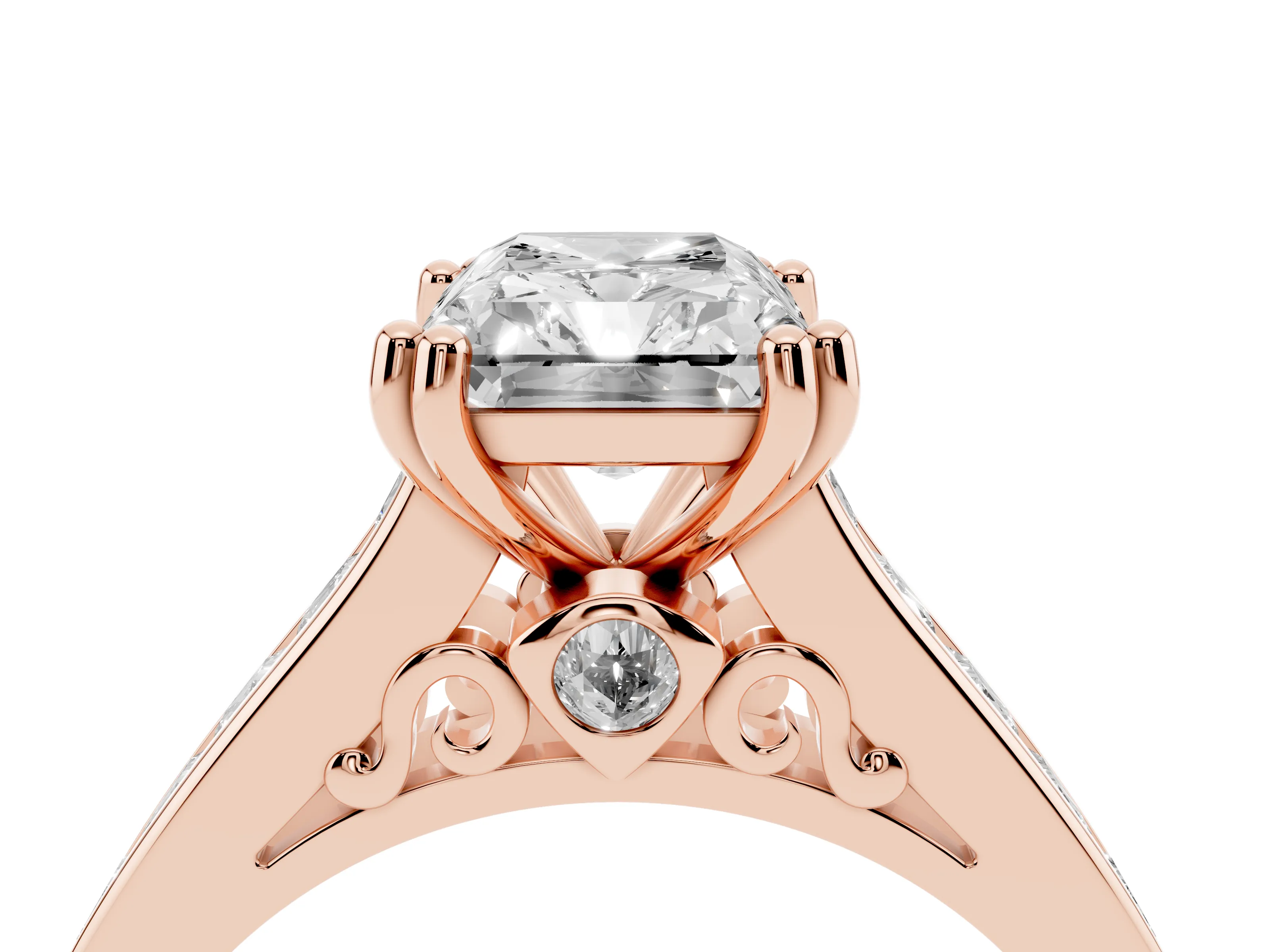 Radiant Cut Cathedral Channel Set Engagement Ring Setting | Double Claw Prongs | Rose Gold