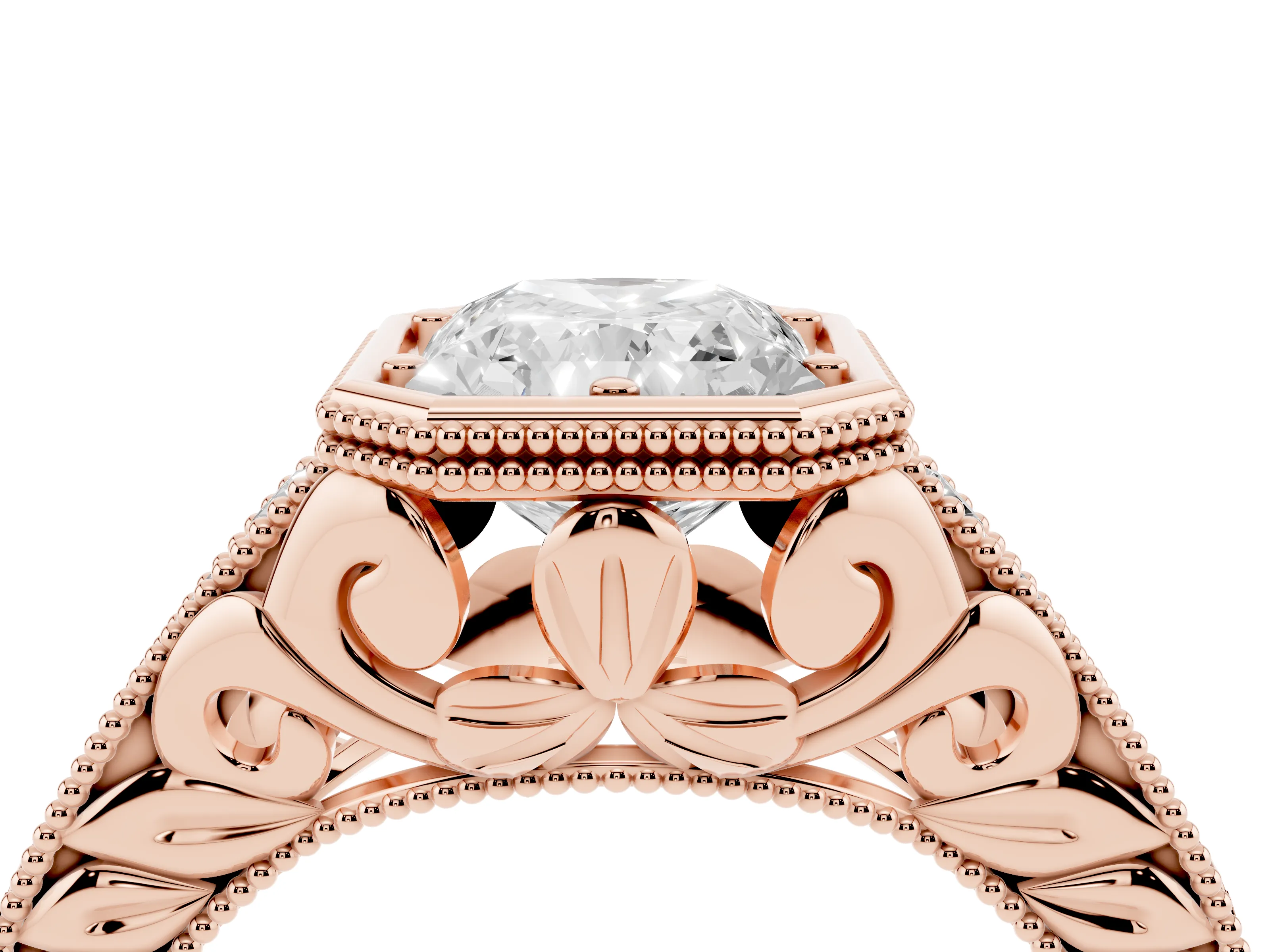 Bezel Set Radiant Cut Diamond Milgrain Pavé Engagement Ring Set in Rose gold