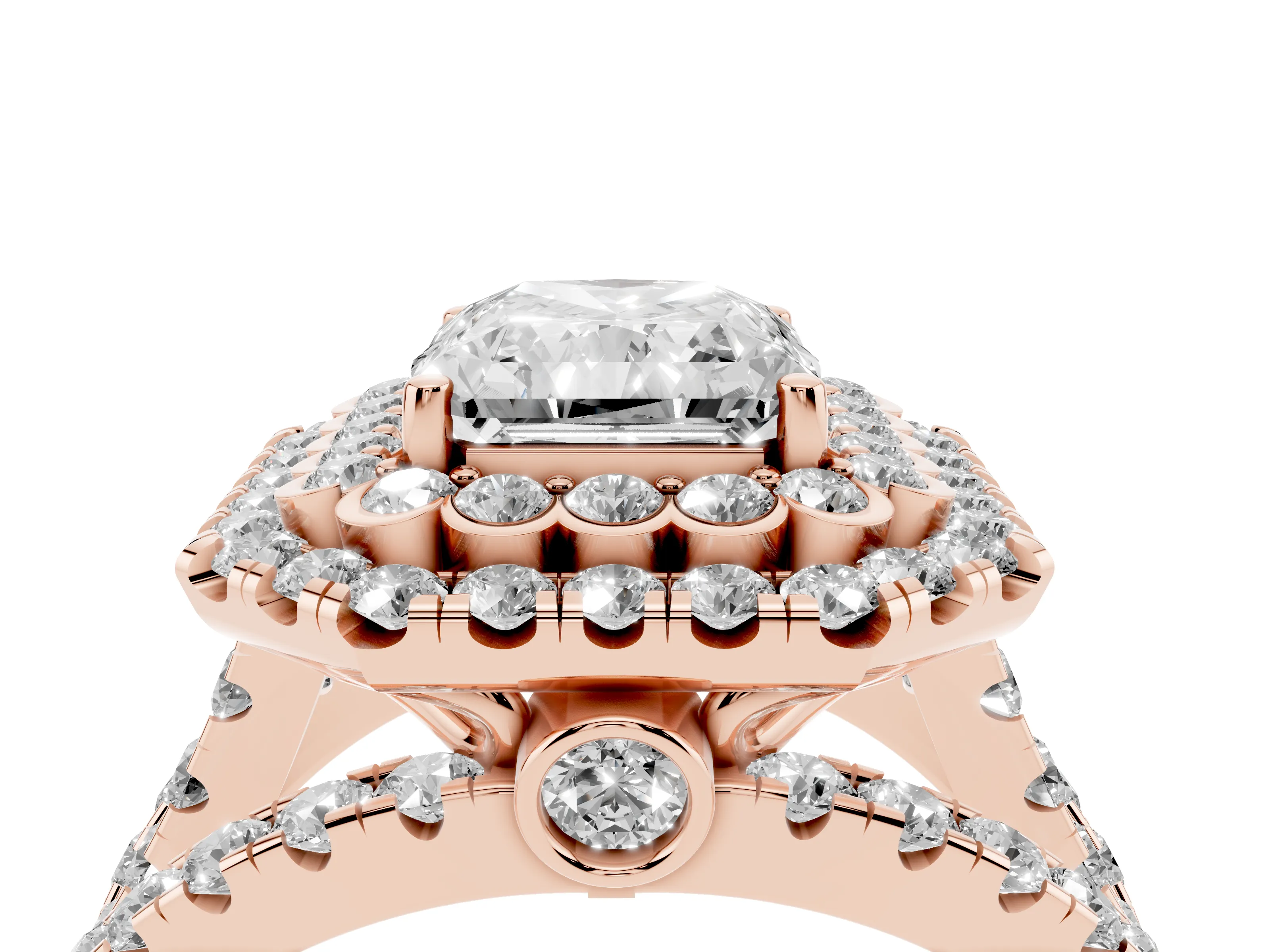 Radiant Cut Diamond Double Halo Ring Set in Rose gold with Round Pavé Split Shank