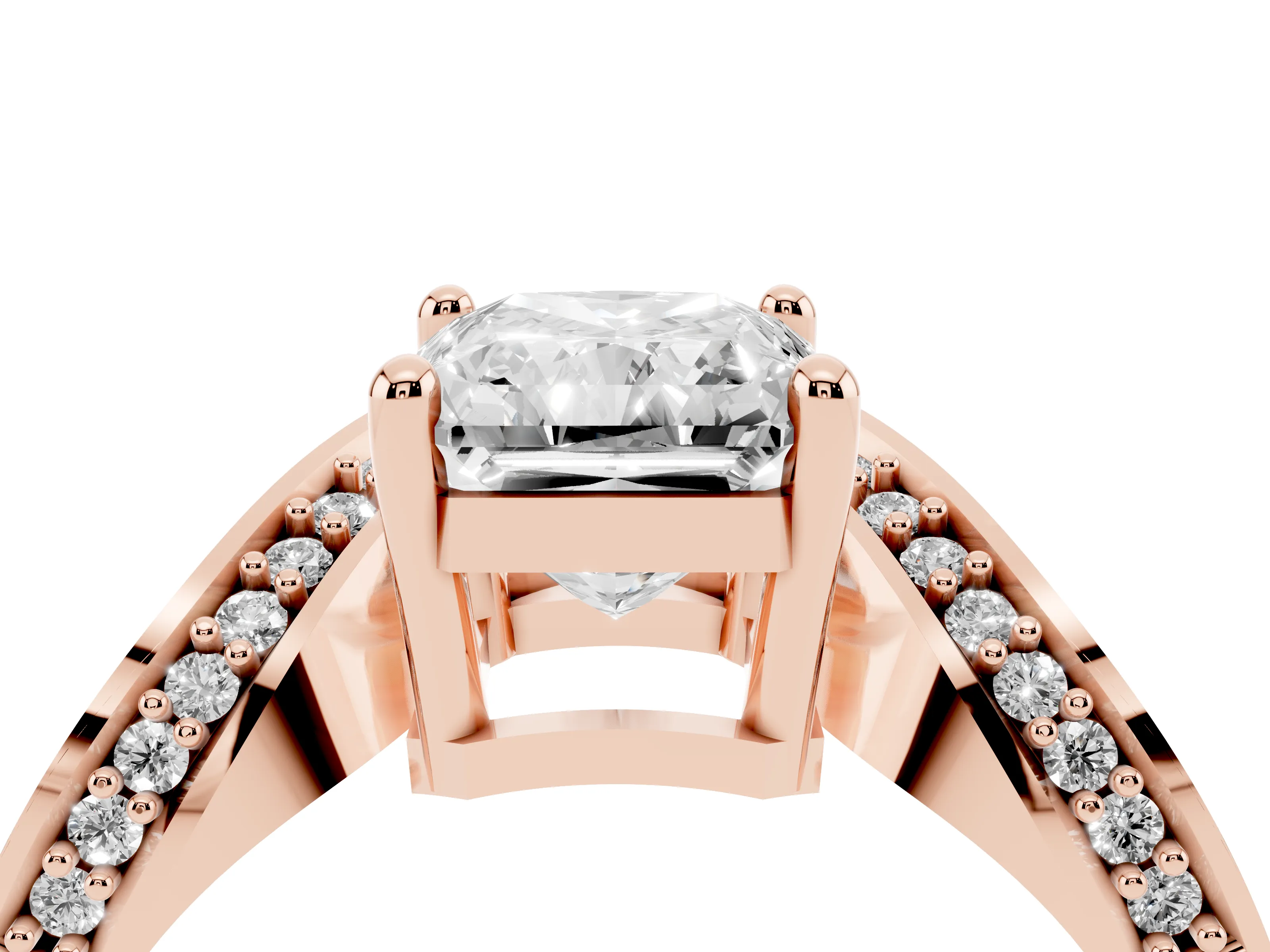 Radiant Cut Diamond Solitaire Engagement Ring Set in Rose gold with Pavé Shoulders