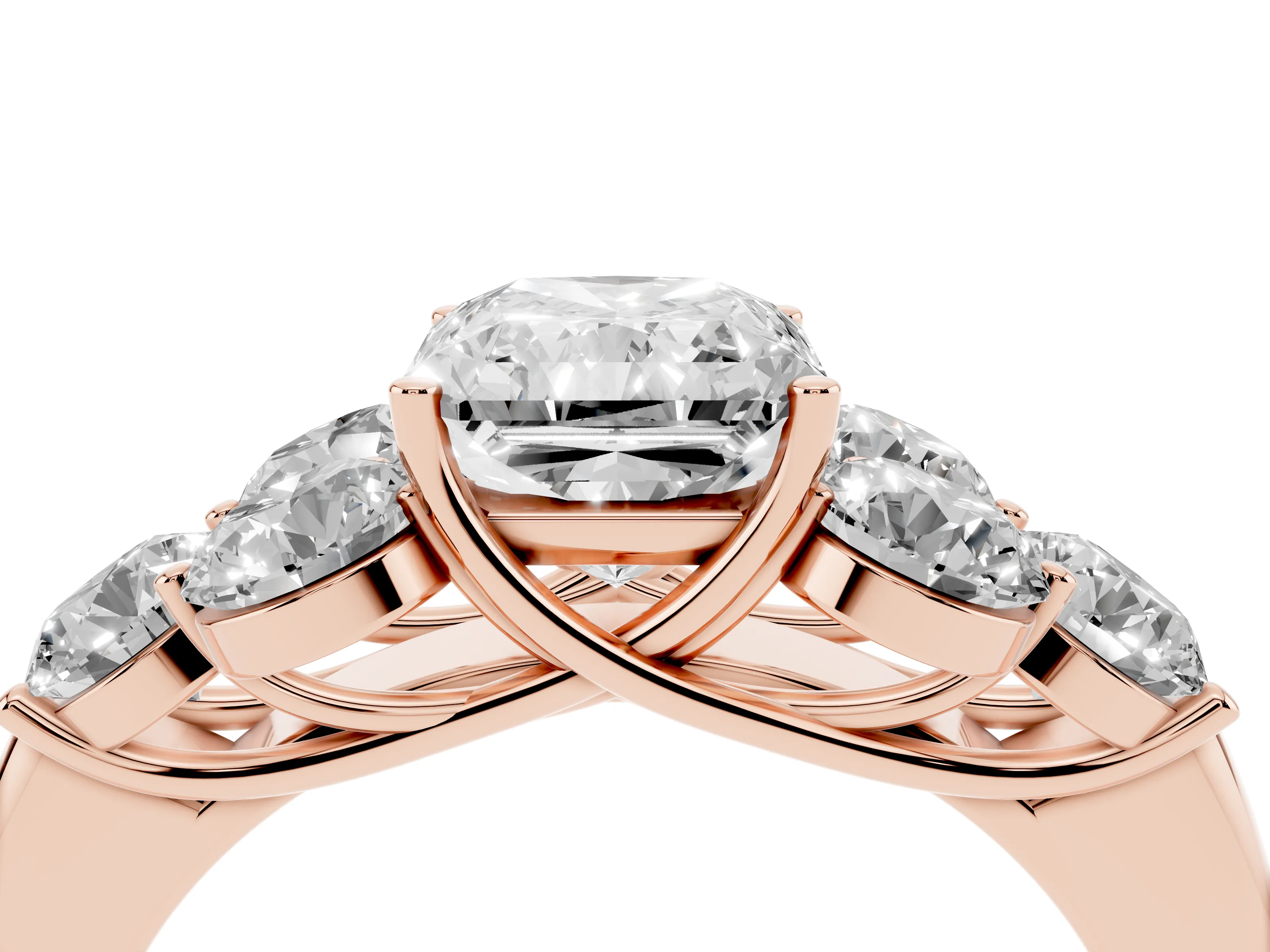 Radiant Cut Diamond Cluster Ring Set in Rose gold with Round Accent Stones and Prong Setting on a Plain Band