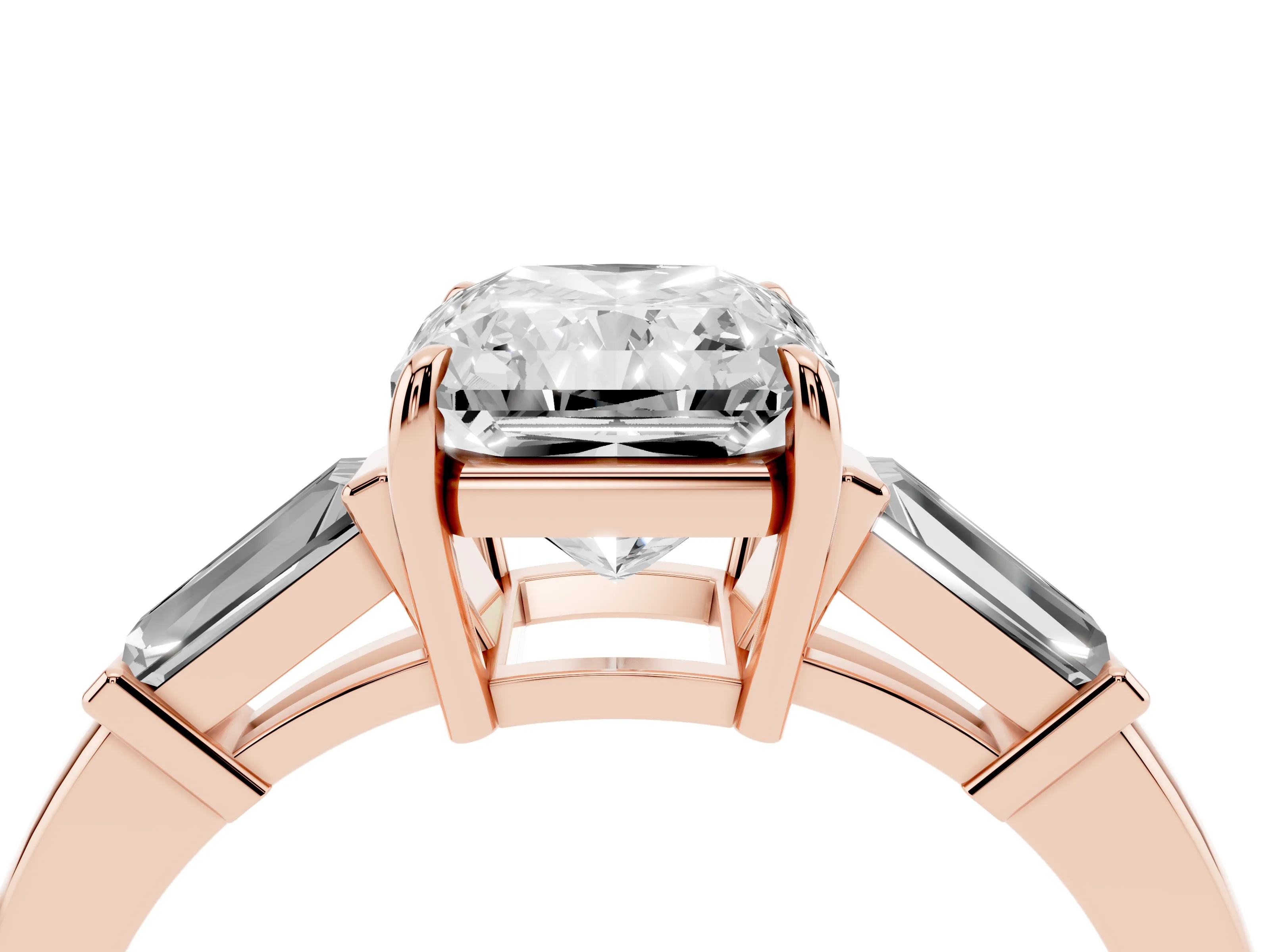Radiant Cut Diamond Three-Stone Ring Set in Rose gold with Tapered Baguette Side Stones and Prong Setting