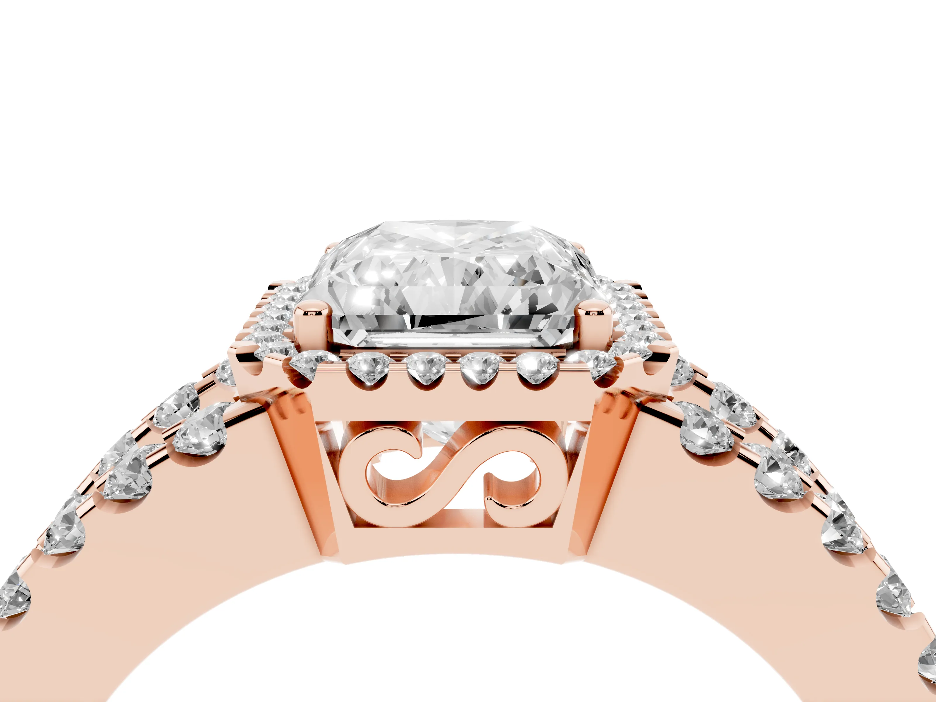 Radiant Cut Diamond Halo Ring Set in Rose gold with Pavé Split Shank and Prong Setting