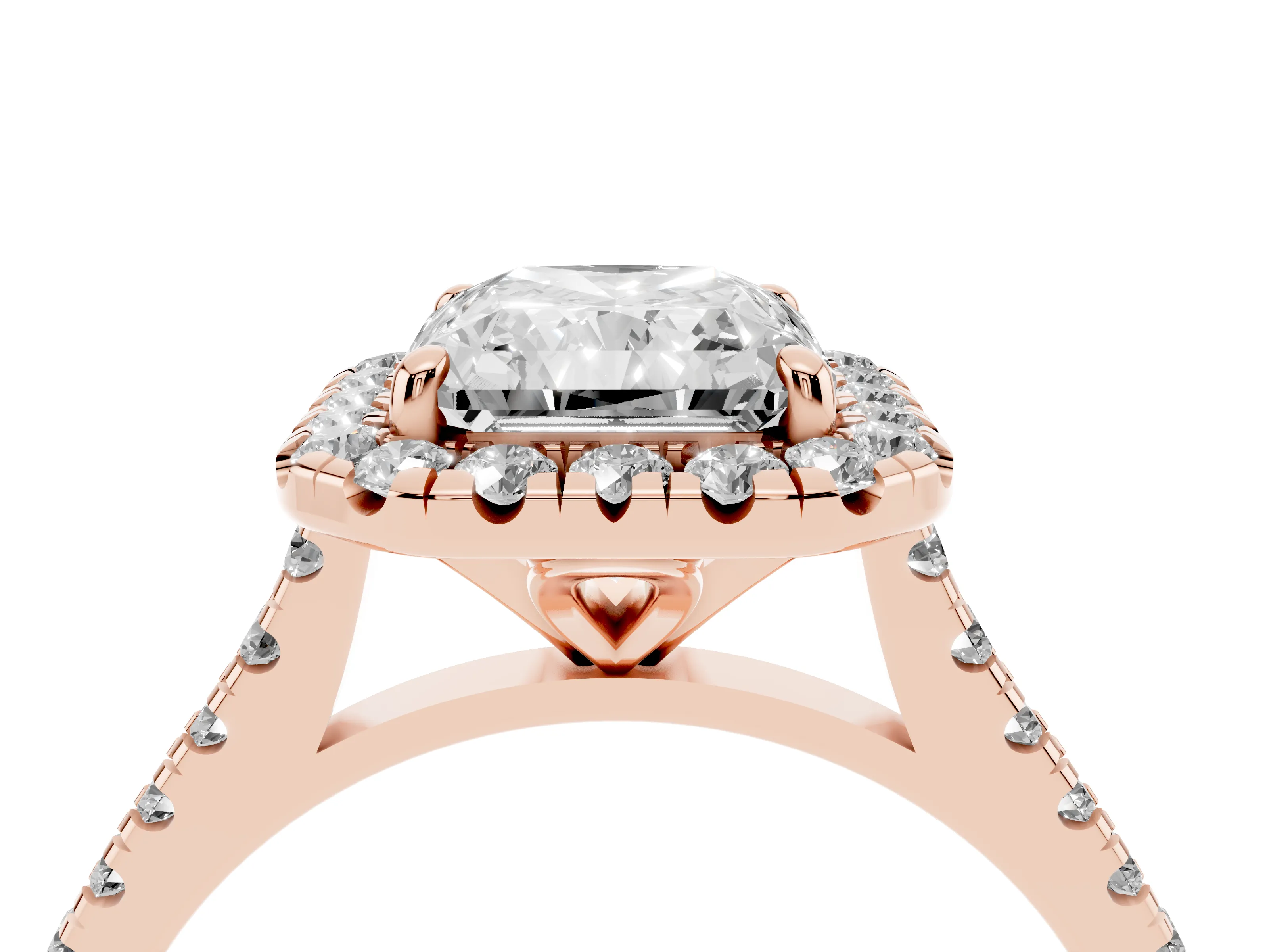 Radiant Cut Diamond Cushion Halo Ring Set in Rose gold with Pavé Band