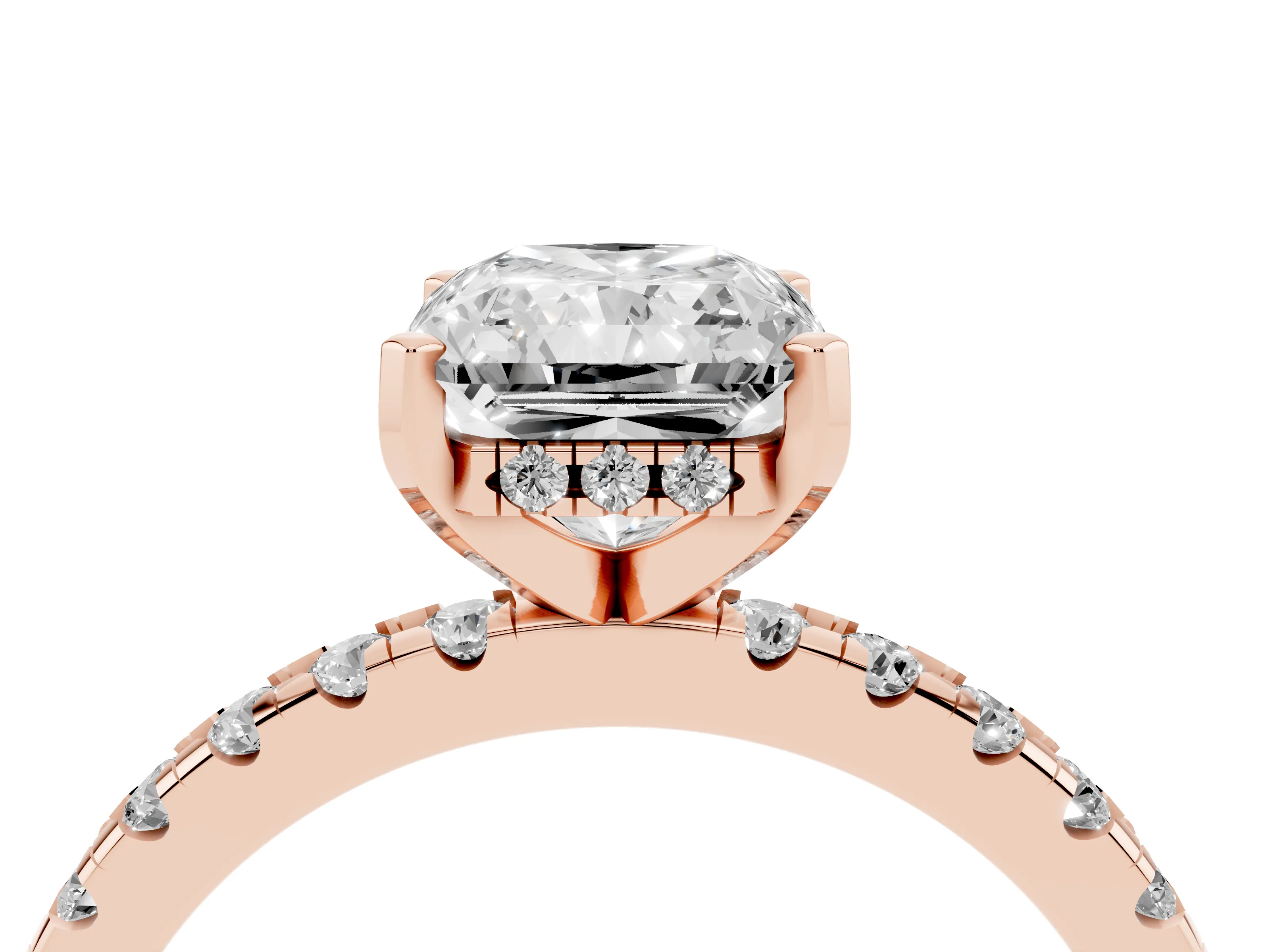 Radiant Cut Diamond Pavé Solitaire Ring Set in Rose gold with Round Band Accents and Prong Setting
