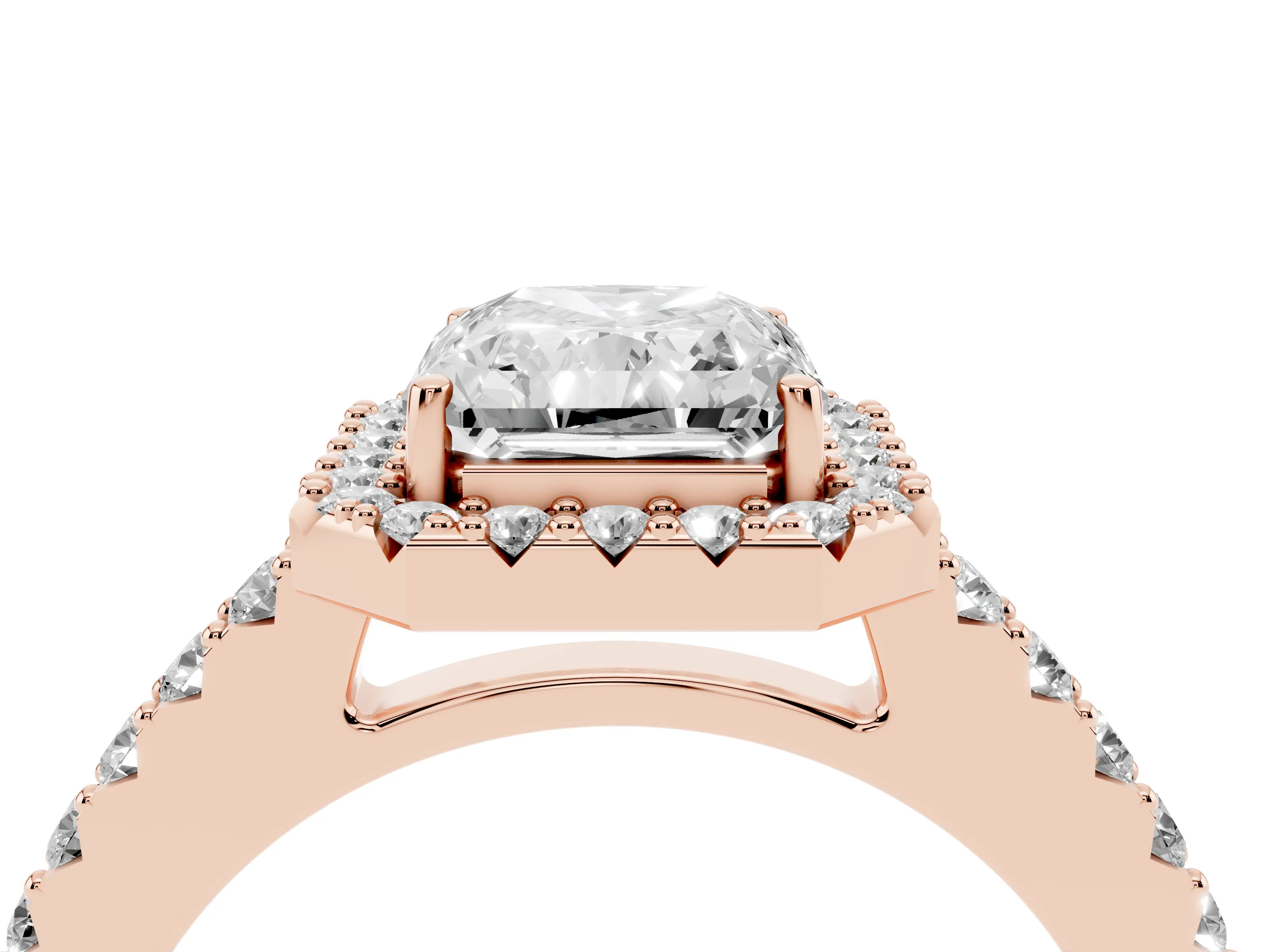 Radiant Cut Diamond Halo Pavé Solitaire Ring Set in Rose gold with Prong-Set Center Stone