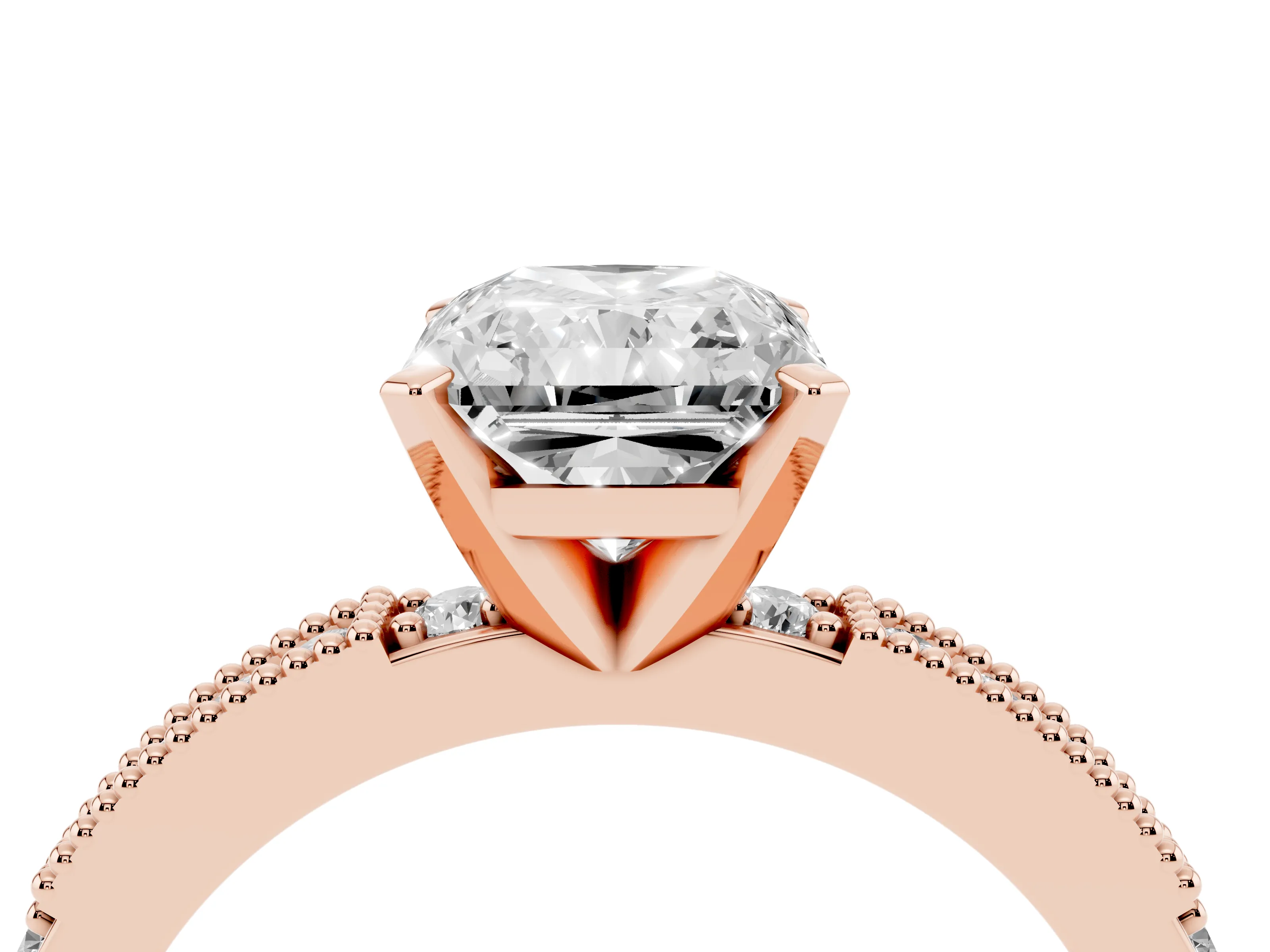 Radiant Cut Diamond Solitaire Ring Set in Rose gold with Slim Pavé Band and Prong Setting
