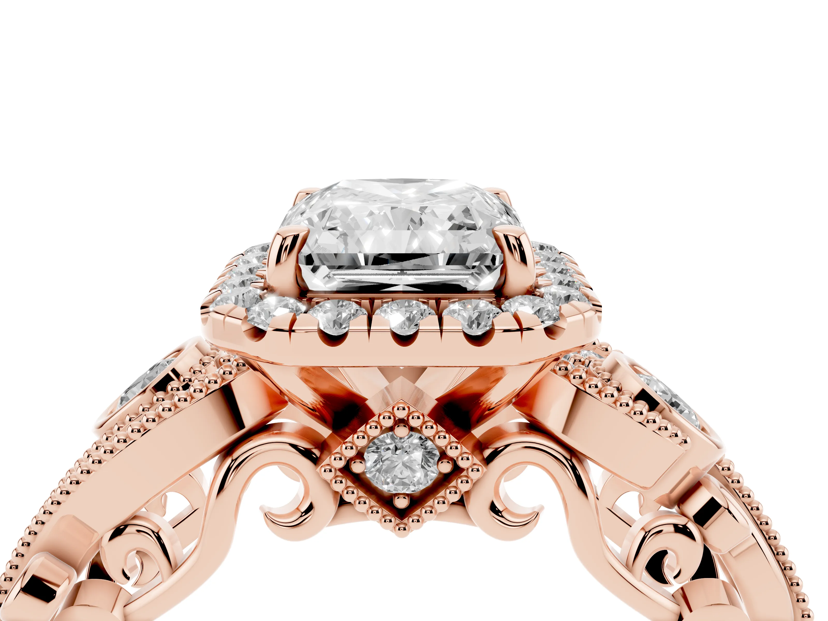 Radiant Cut Diamond Halo Ring Set in Rose gold with Milgrain Pavé Band and Prong Setting
