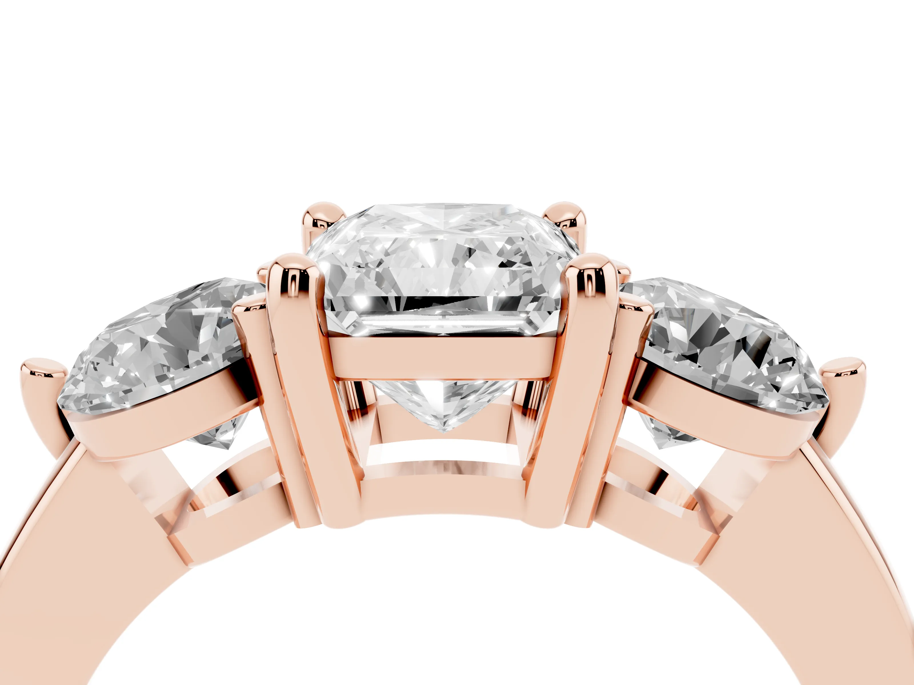 Radiant Cut Diamond Three-Stone Ring Set in Rose gold with Prong Setting and Classic Band