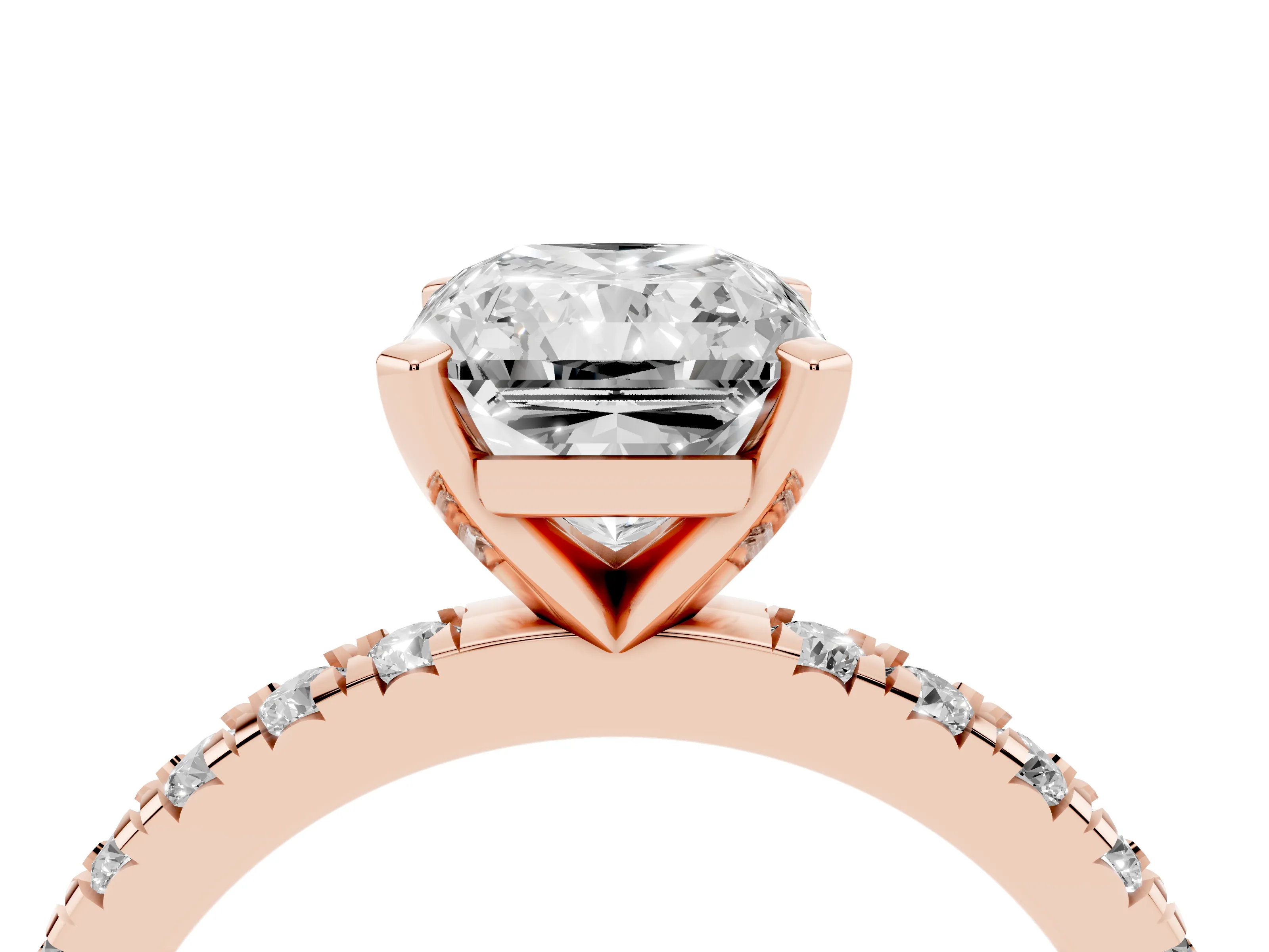 Radiant Cut Diamond Pavé Band Solitaire Set in Rose gold with Prong Setting