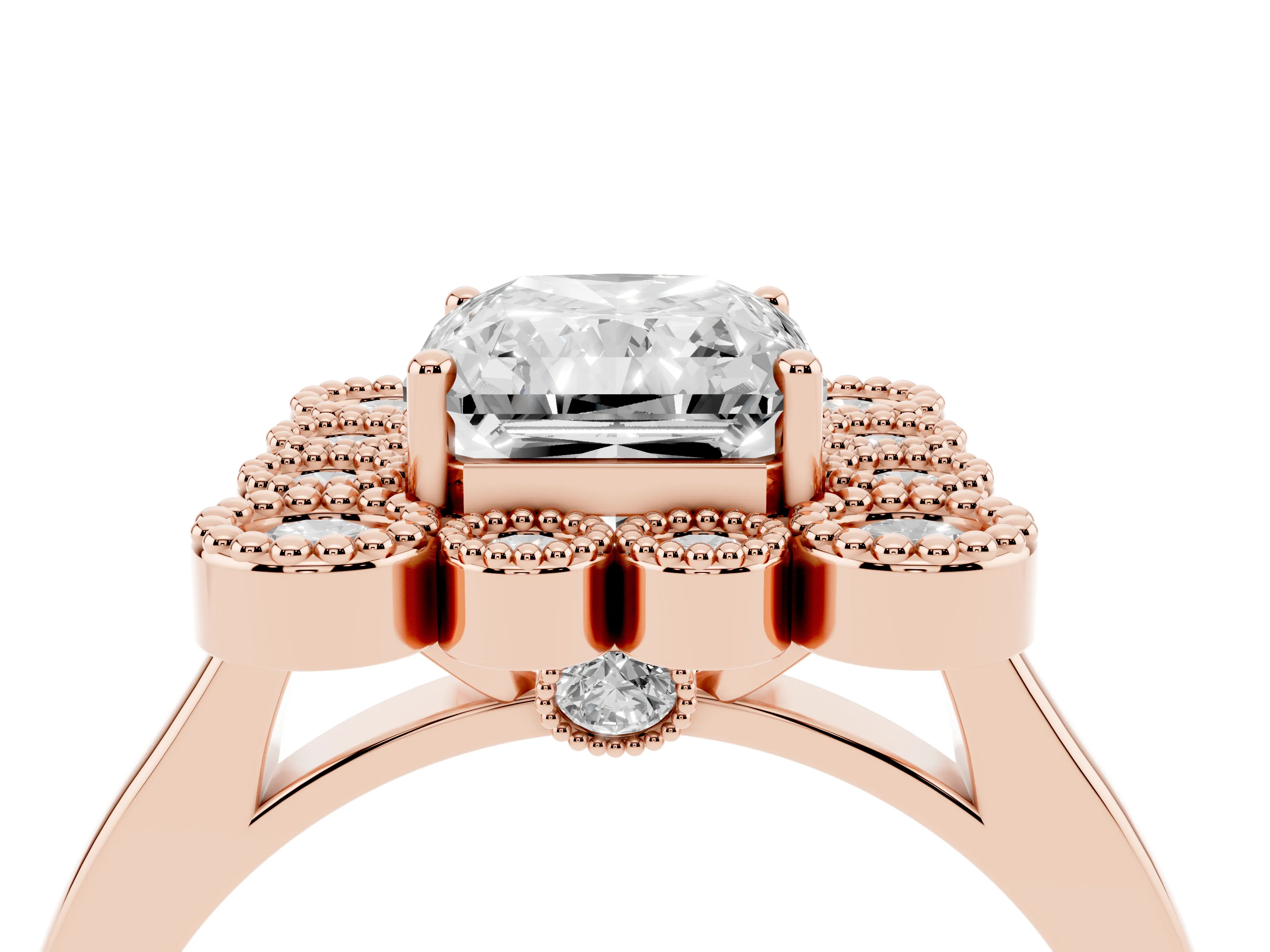 Radiant Cut Diamond Cluster Halo Ring Set in Rose gold with Milgrain Bezel Accents and Plain Band