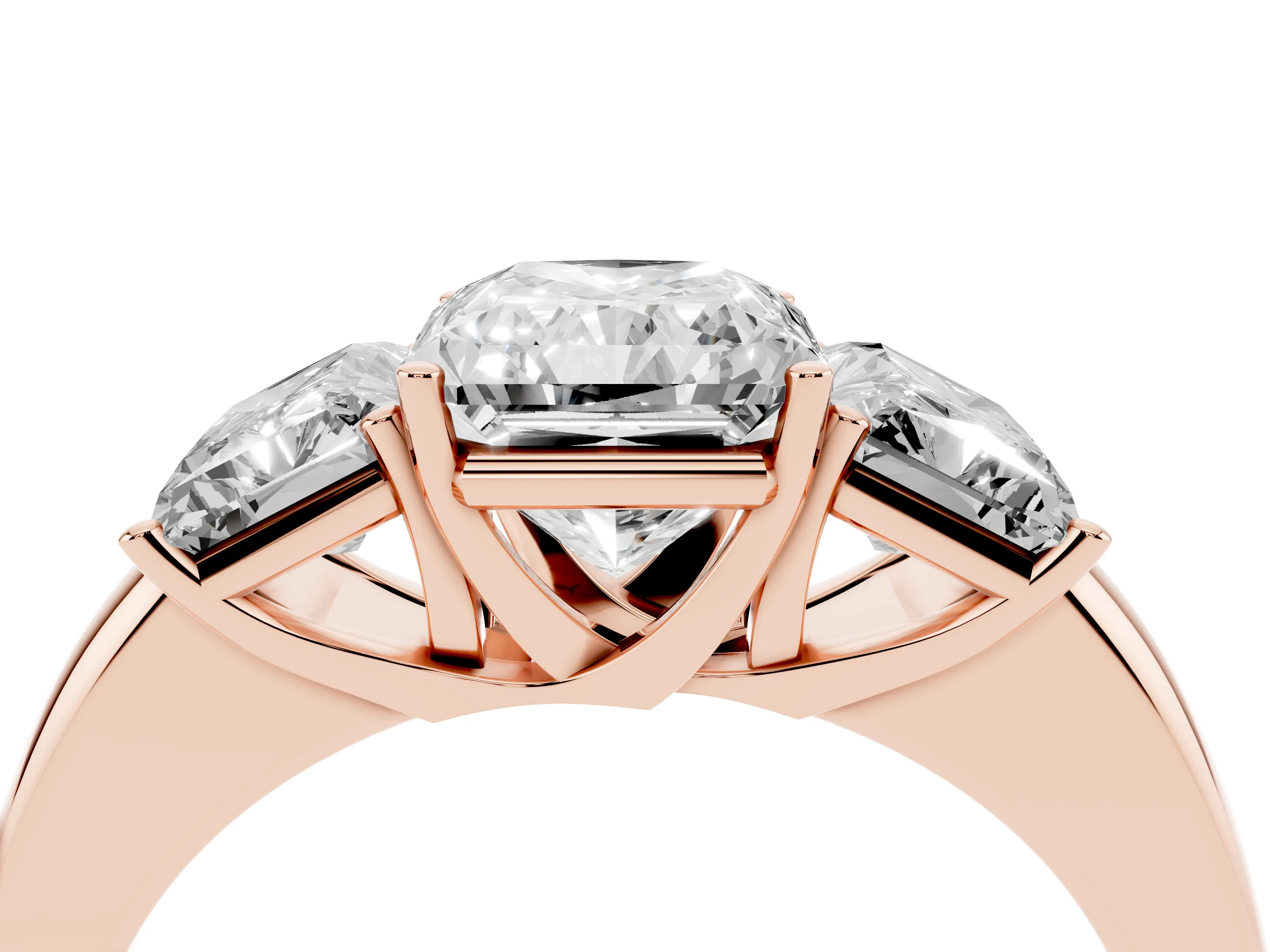 Radiant Cut Diamond Three-Stone Ring Set in Rose gold with Bold Center and Classic Band