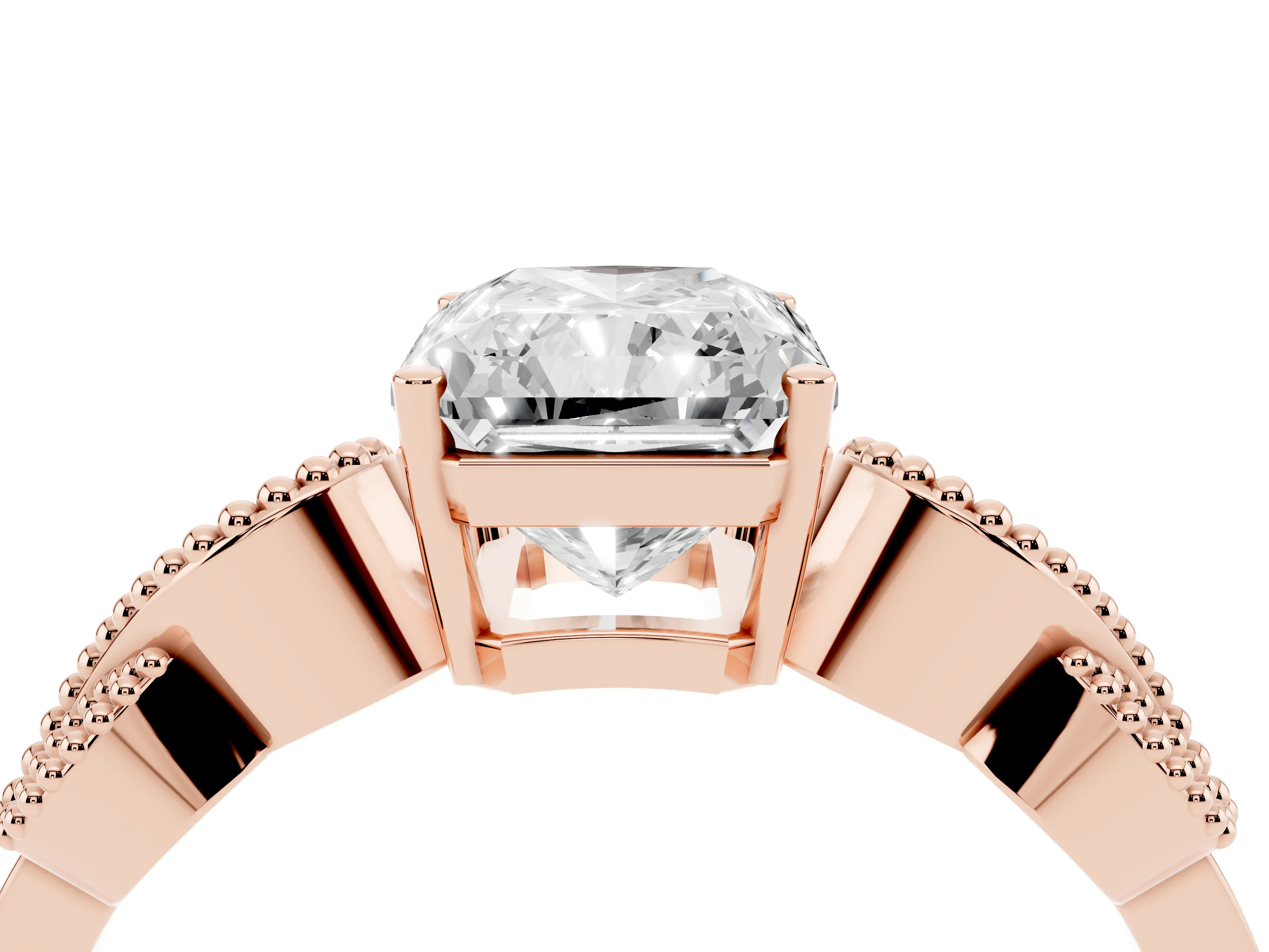 Radiant Cut Diamond Milgrain Leaf Band Solitaire Ring Set in Rose gold with Accent Stones and Prong Setting