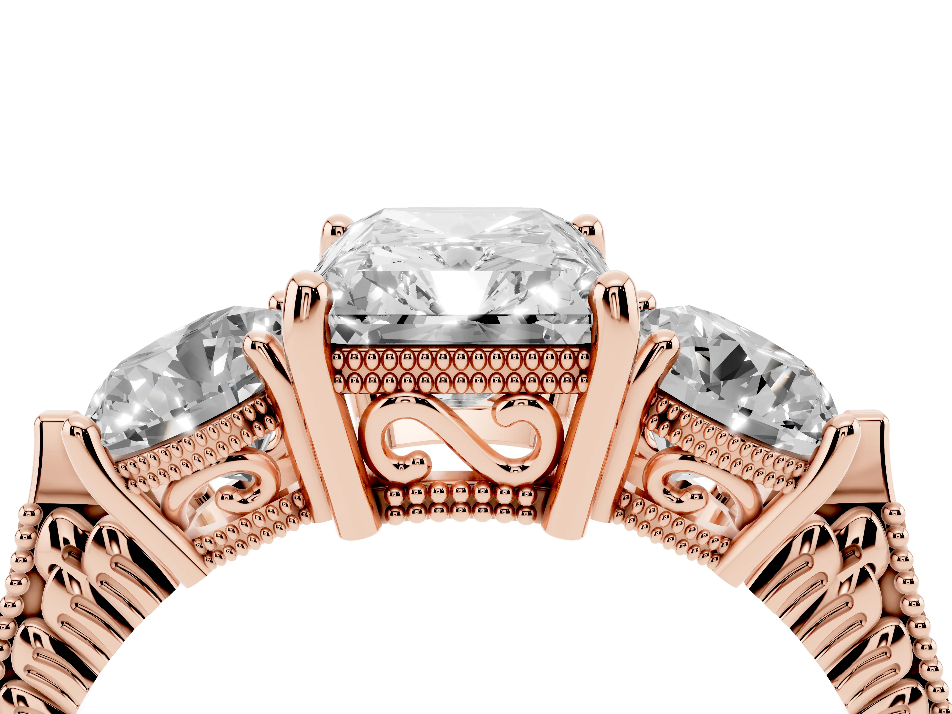 Radiant Cut Diamond Three-Stone Ring Set in Rose gold with Milgrain Band