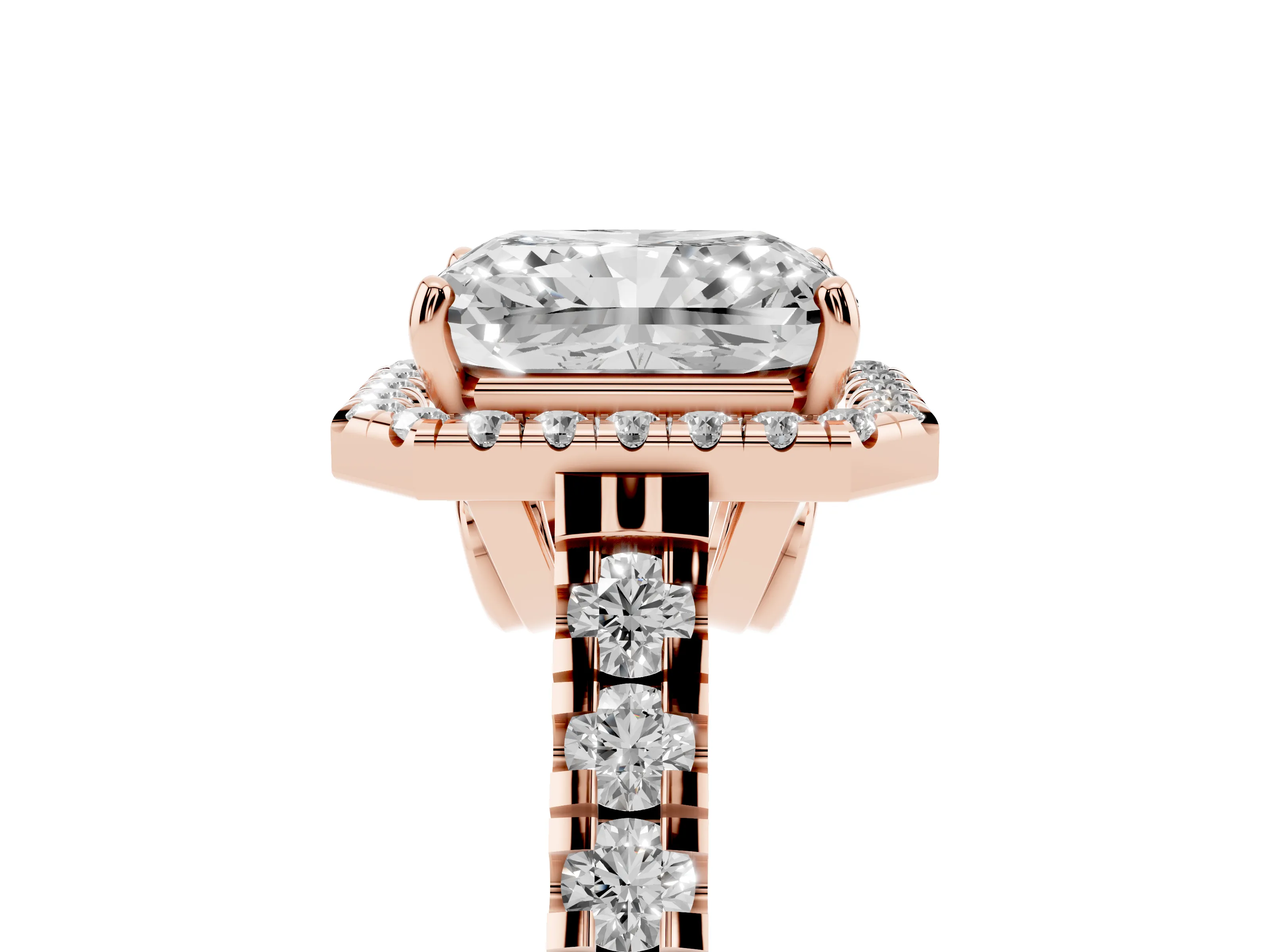 Radiant Cut Diamond Halo Engagement Ring Set in Rose gold with Pavé Band and Prong-Set Center