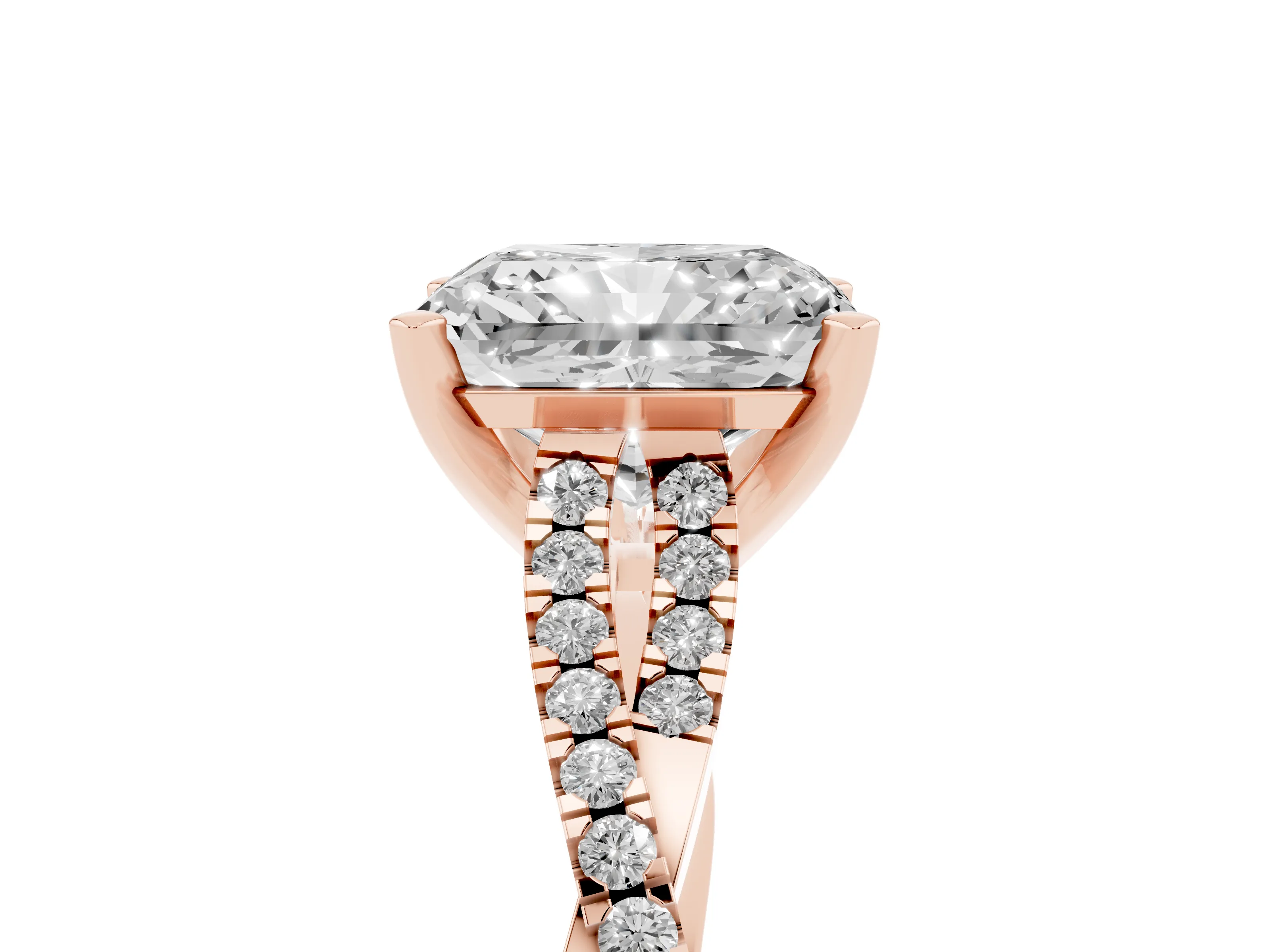Radiant Cut Diamond Solitaire Engagement Ring Set in Rose gold with Twisted Pavé Band and Prong Setting