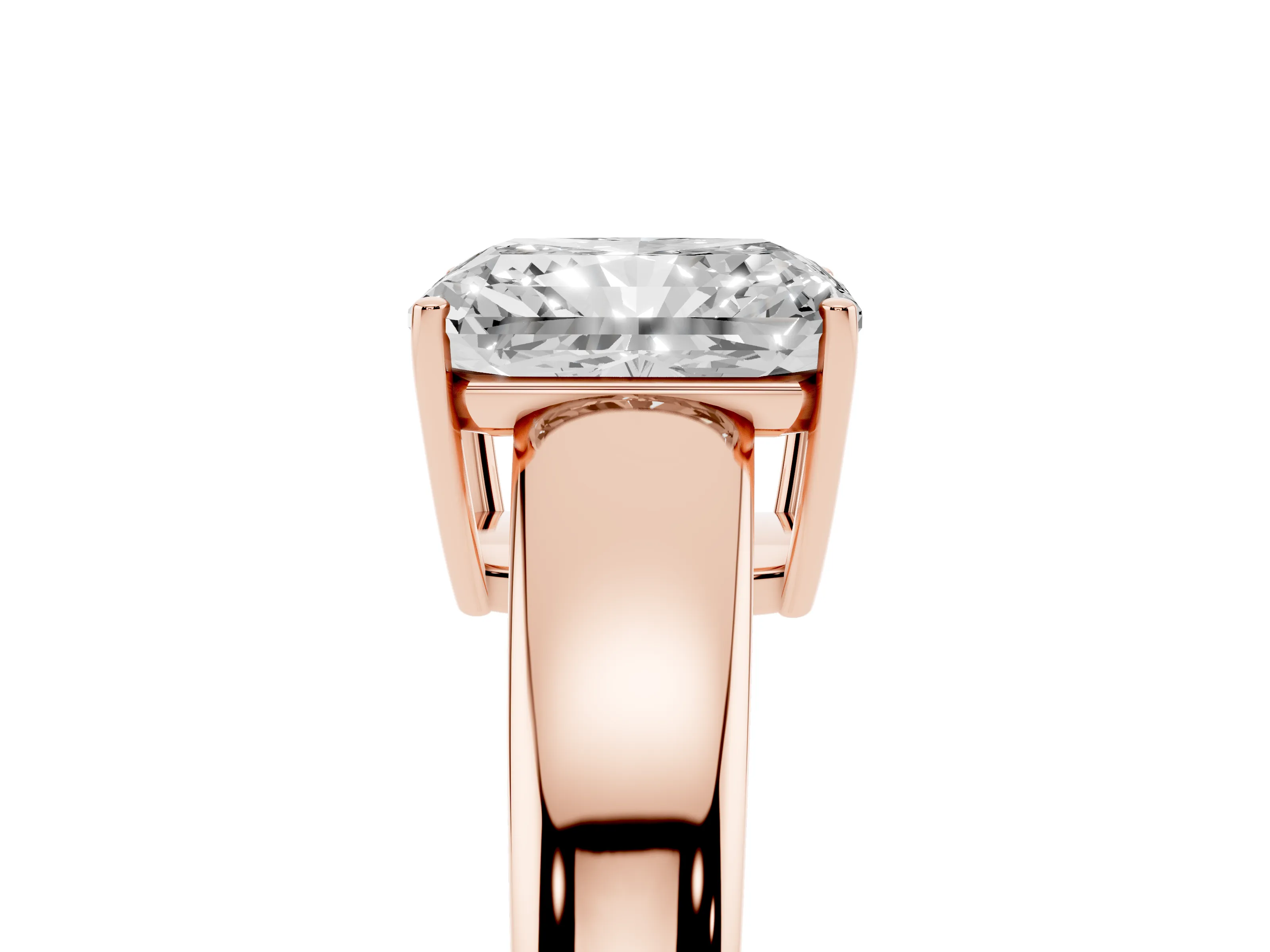 Radiant Cut Diamond Solitaire Ring Set in Rose gold with Tapered Band and Prong Setting