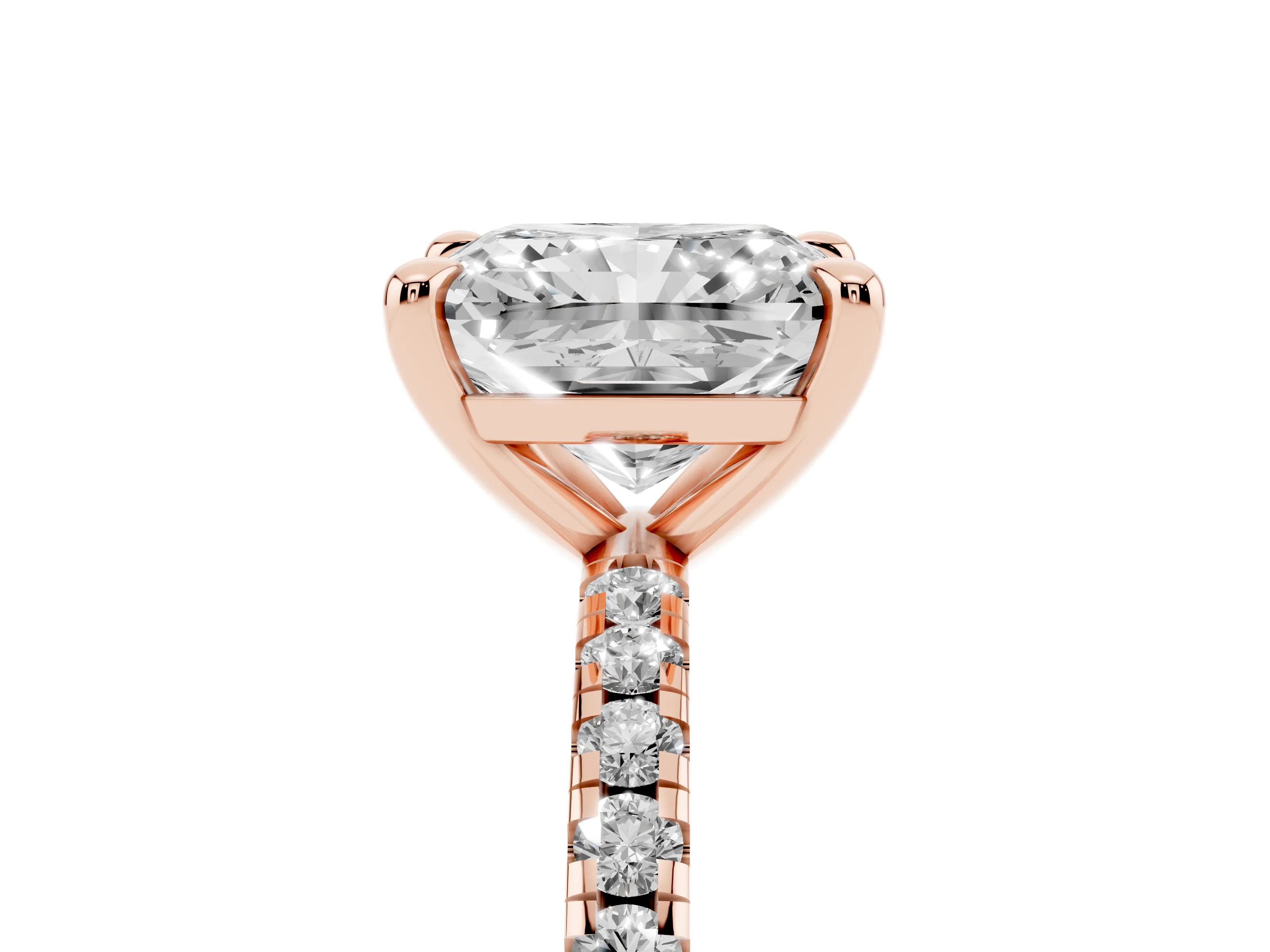 Radiant Cut Diamond Brilliant Solitaire Ring Set in Rose gold with Pavé Band and Prong Setting
