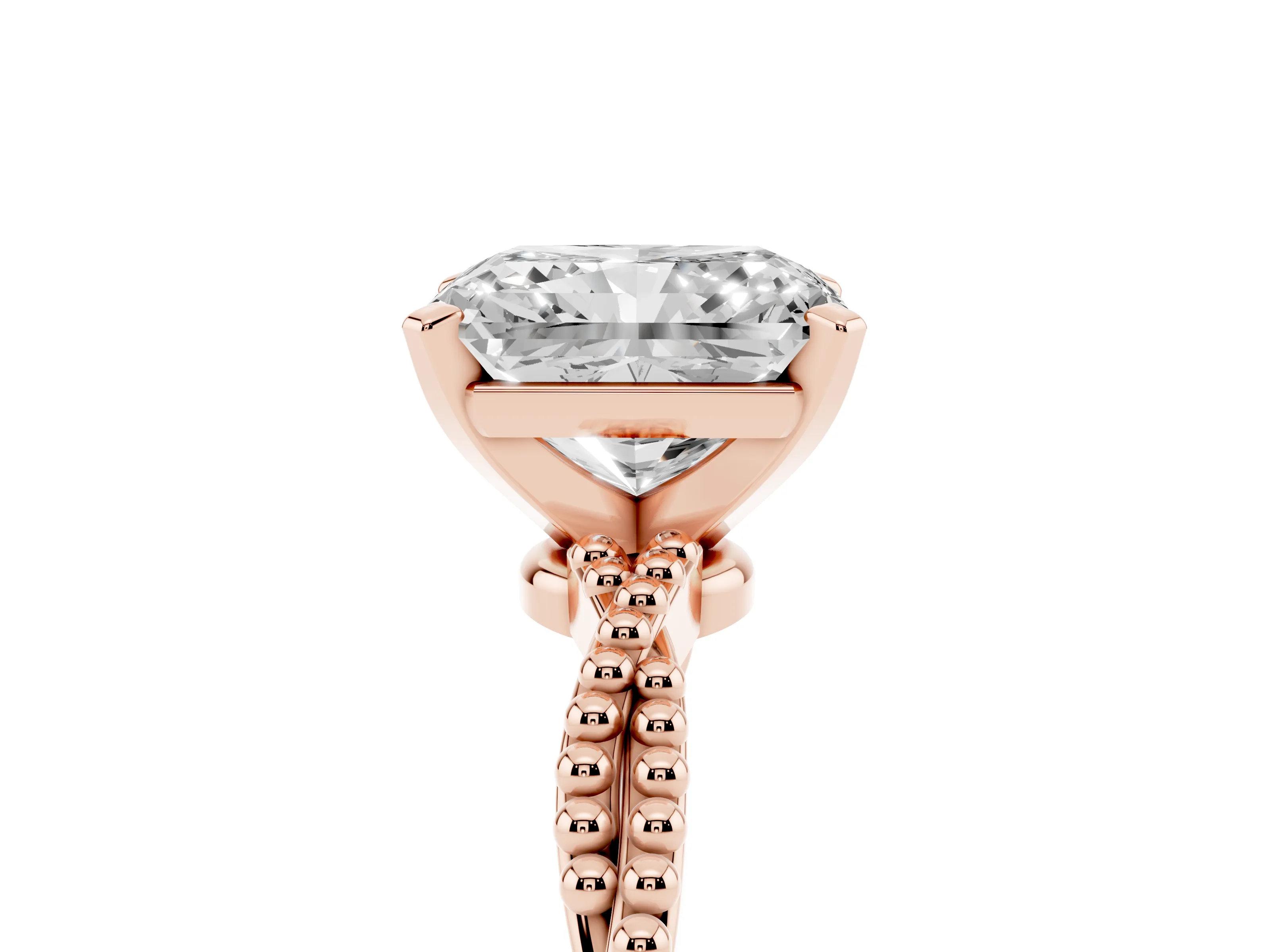 Radiant Cut Diamond Solitaire Ring Set in Rose gold with Twisted Band and Bead Prong Setting