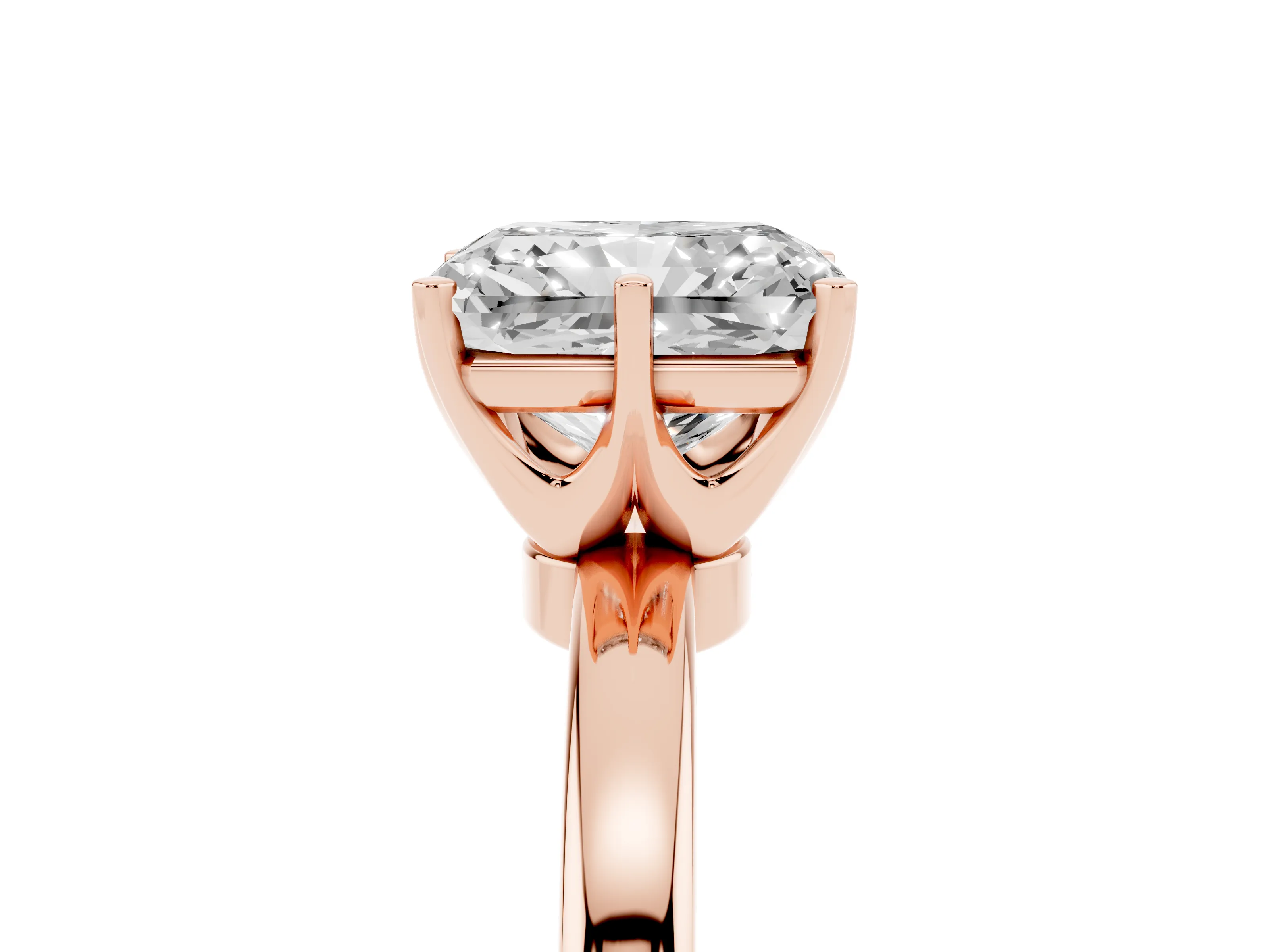 Radiant Cut Diamond Solitaire Ring Set in Rose gold with Raised Prong Setting on a Classic Band