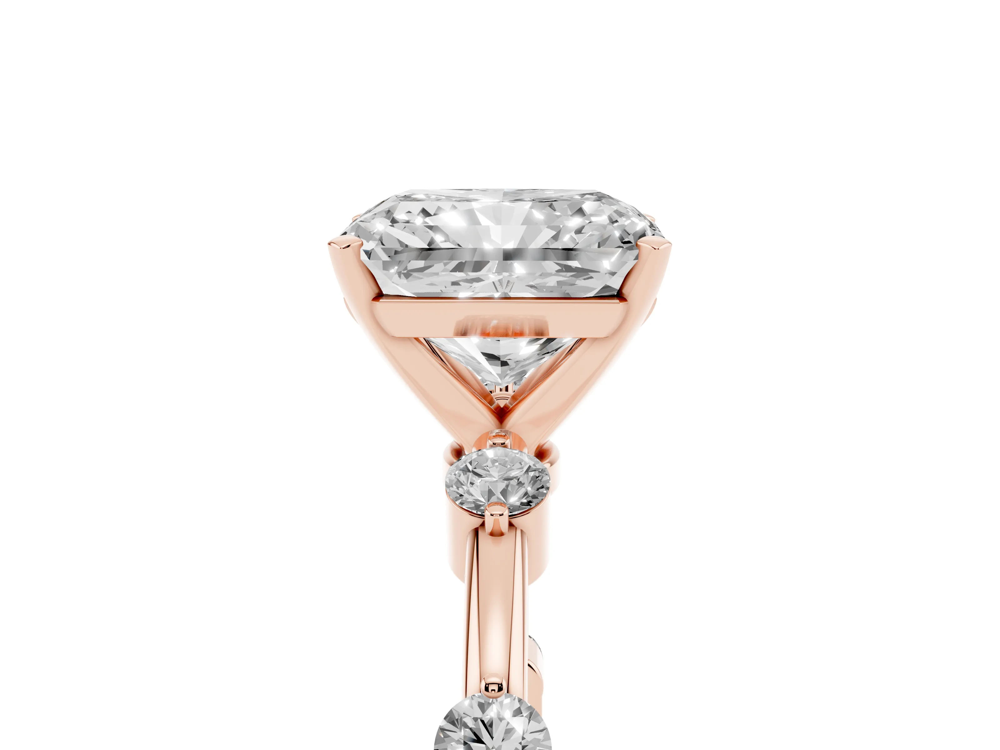 Radiant Cut Diamond Solitaire Ring Set in Rose gold with Bezel Set Side Stones and Prong Setting