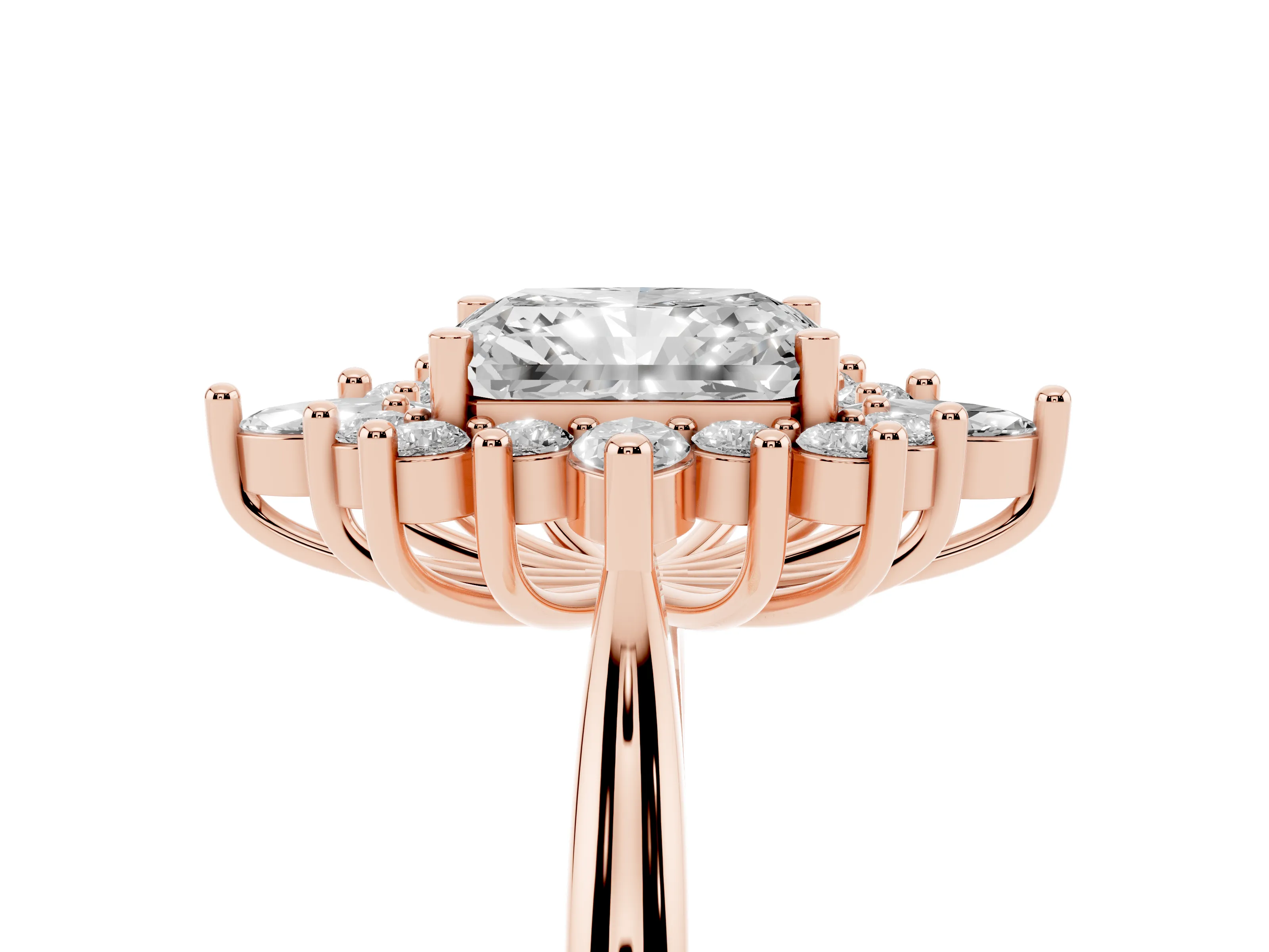 Radiant Cut Diamond Cluster Halo Ring Set in Rose gold with Marquise and Round Accents