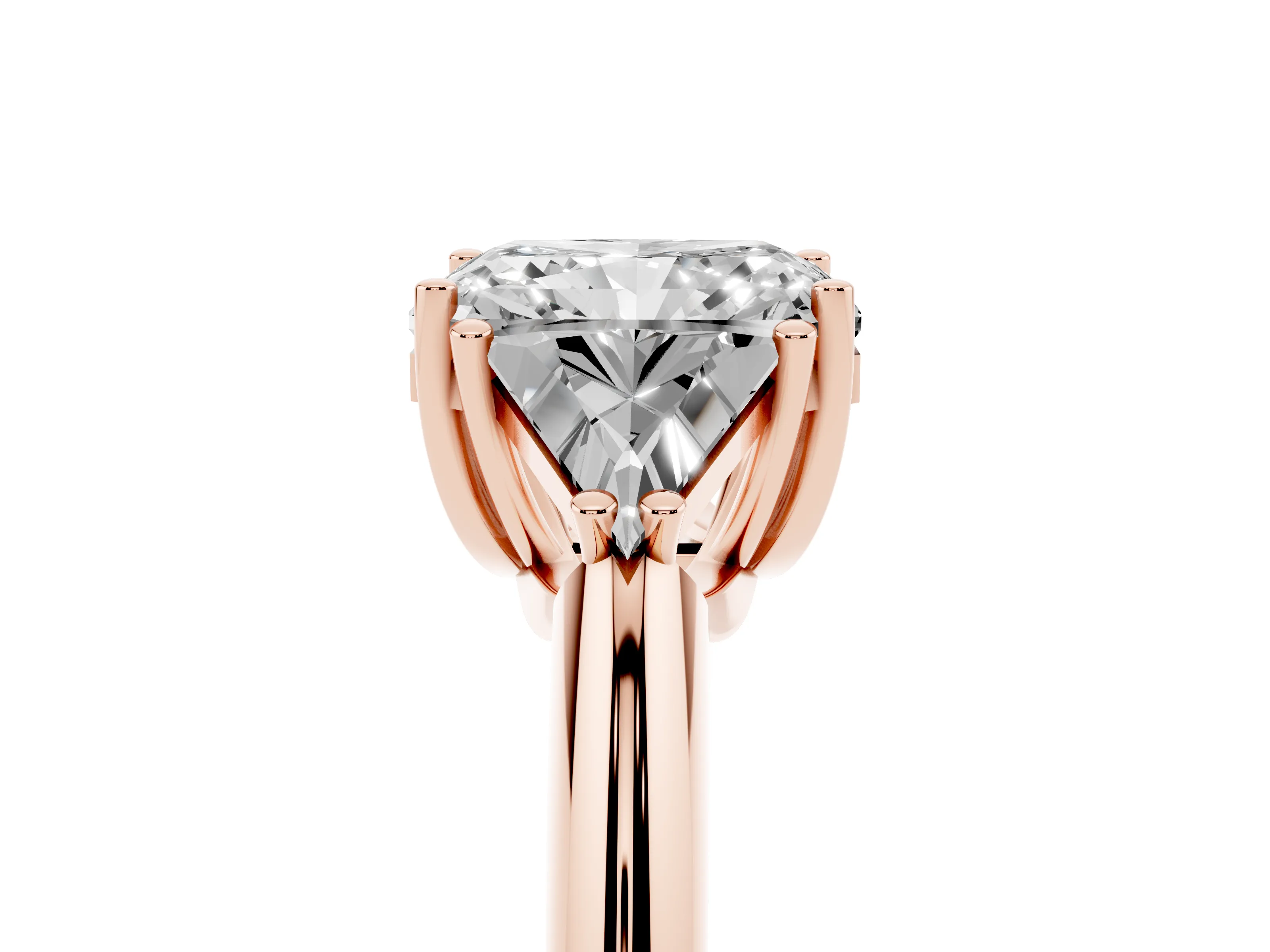 Radiant Cut Diamond Three-Stone Engagement Ring Set in Rose gold with Trillion Side Stones