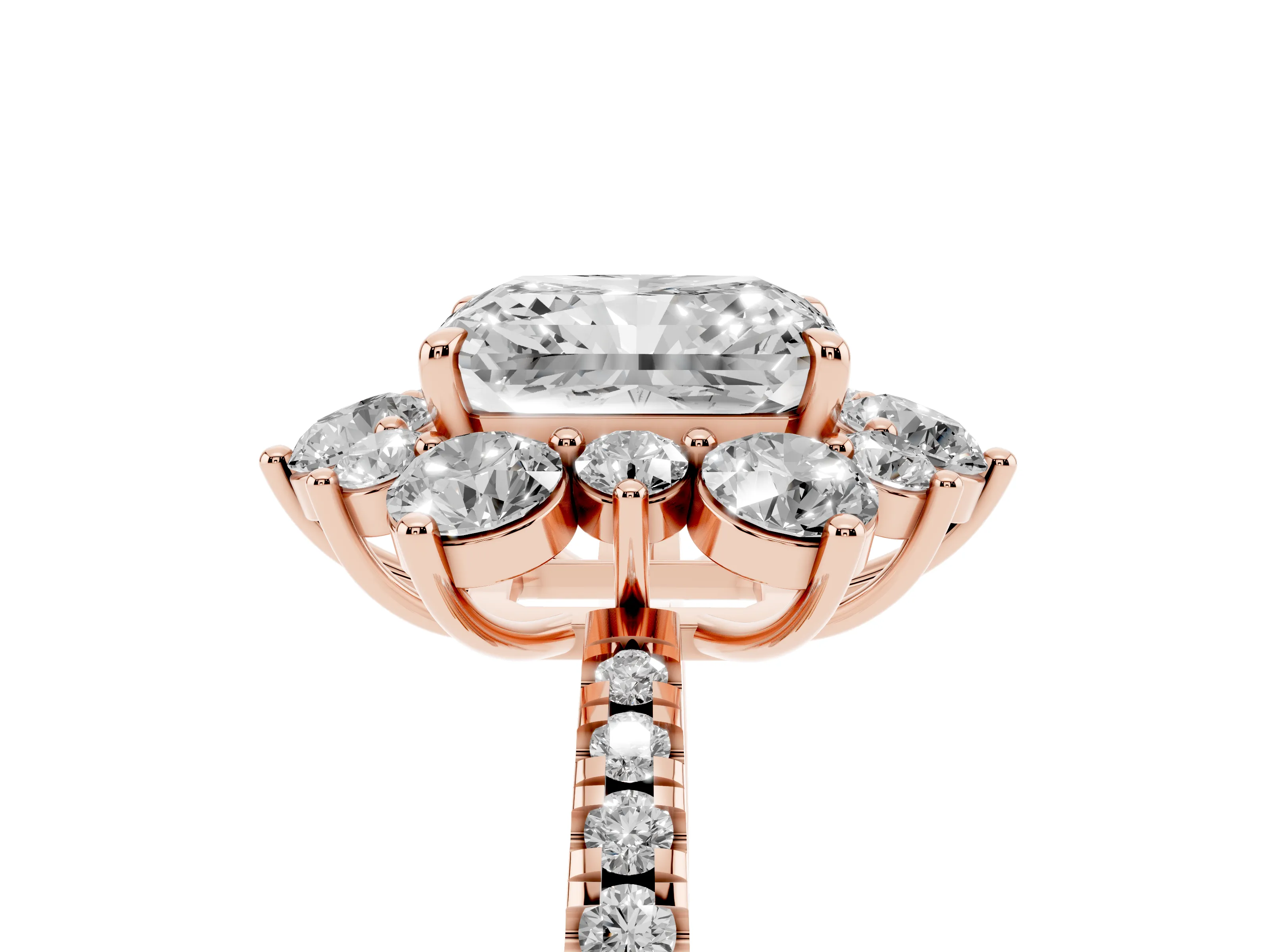 Radiant Cut Diamond Floral Halo Ring Set in Rose gold with Round Pavé Band and Prong Setting