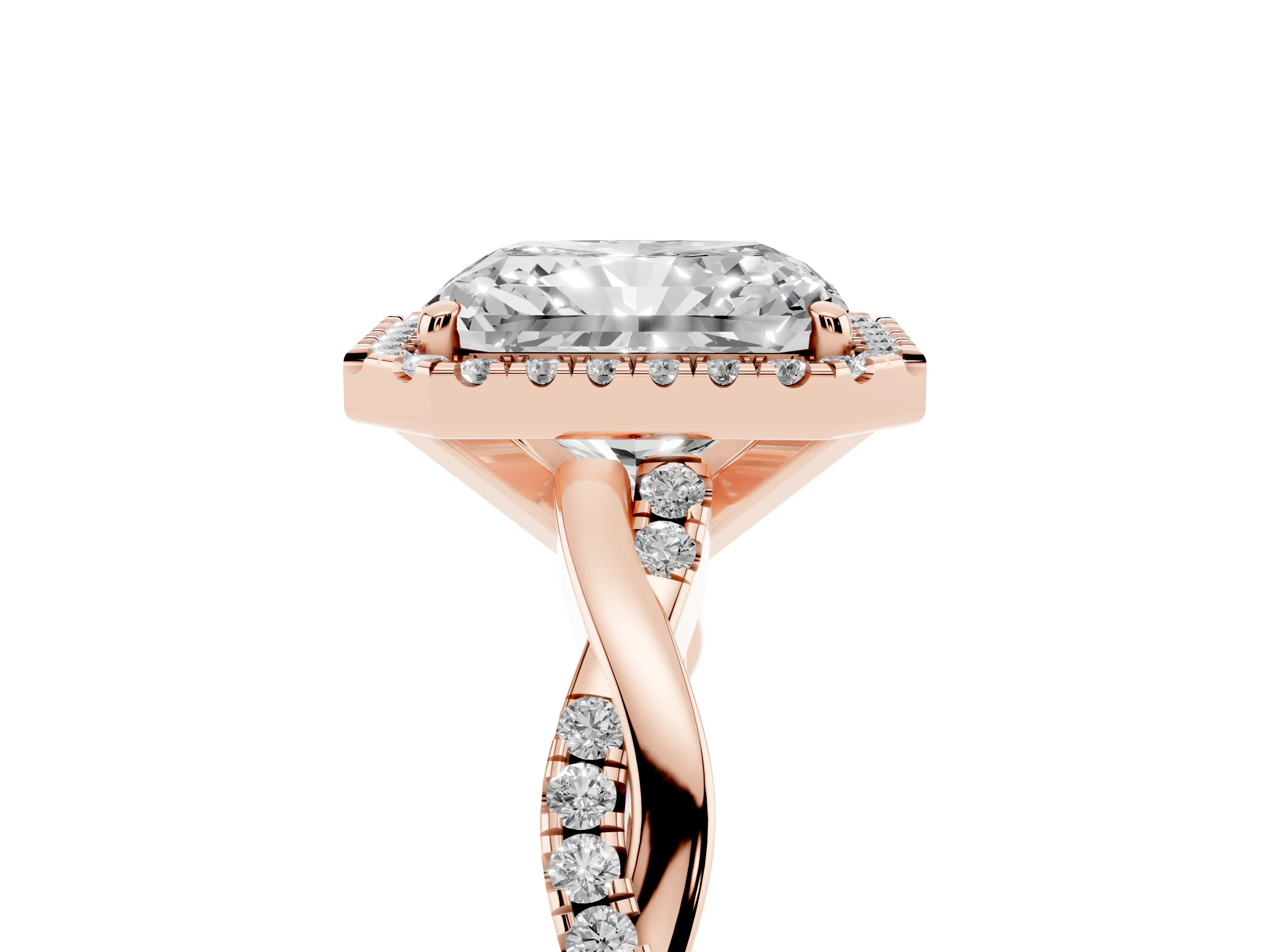 Radiant Cut Diamond Halo Twisted Band Ring Set in Rose gold with Prong Setting