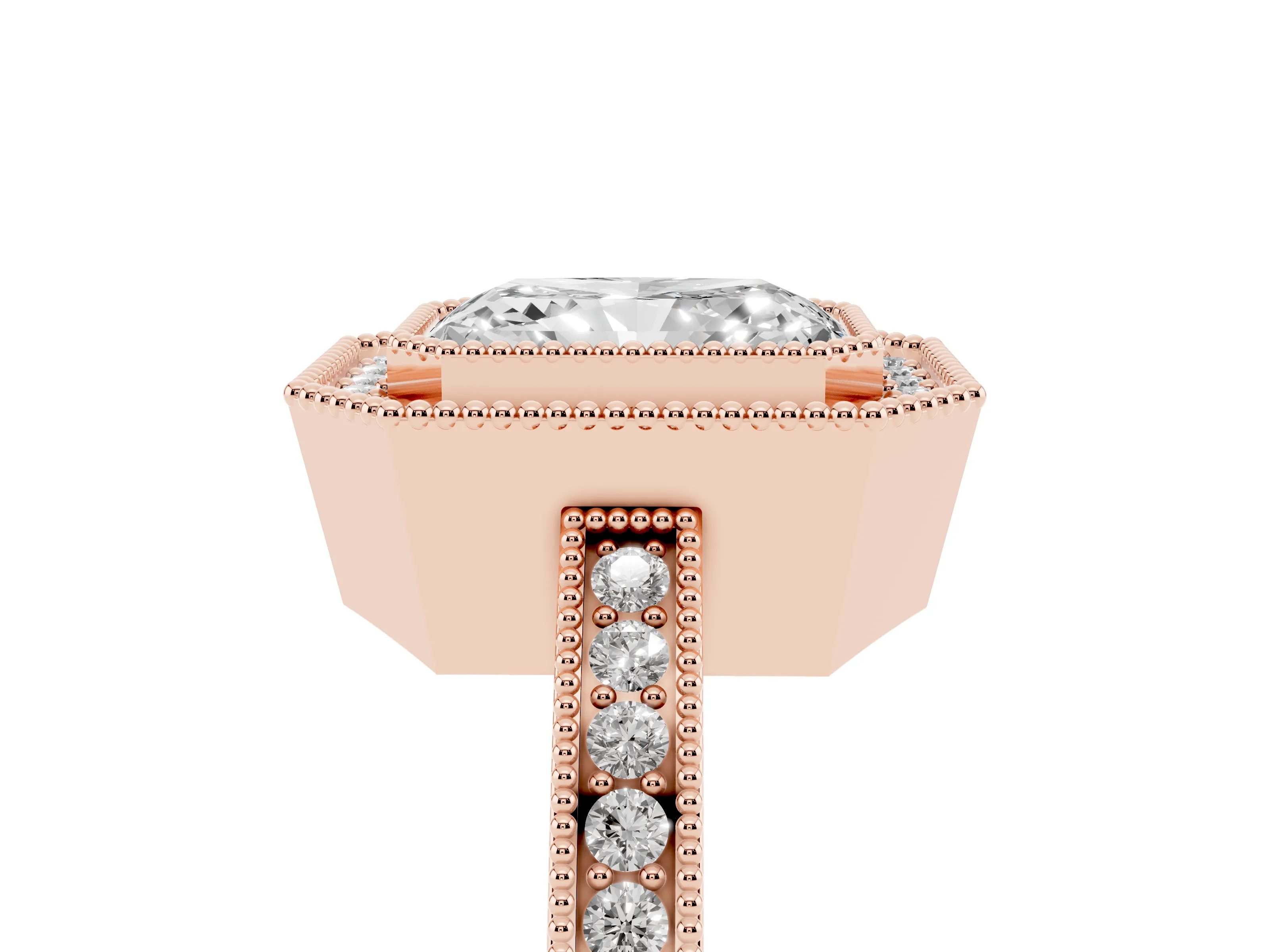 Radiant Cut Diamond Halo Ring Set in Rose gold with Pavé Band and Milgrain-Edged Prongs