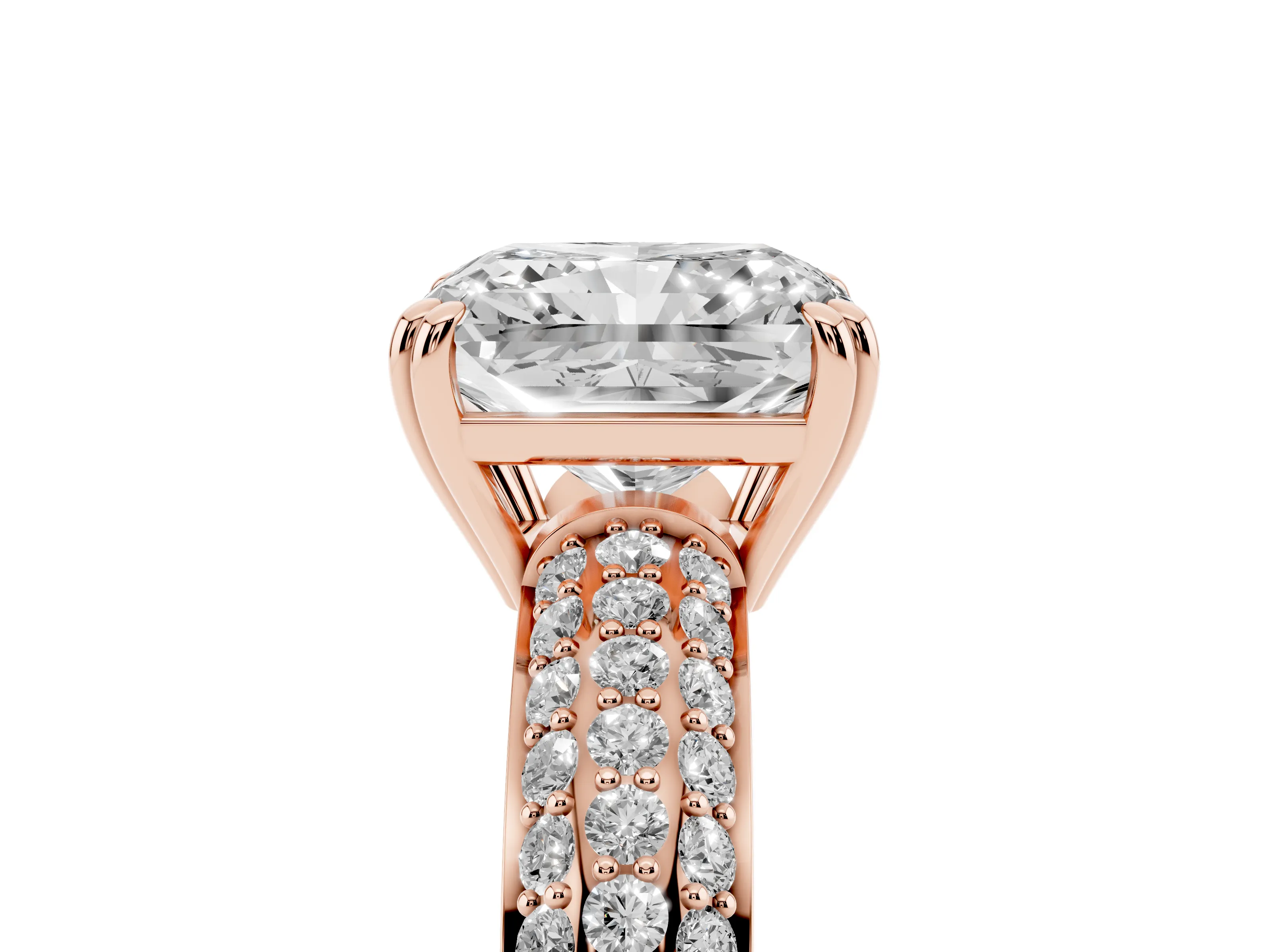 Radiant Cut Diamond Solitaire Ring Set in Rose gold with Multi-Row Round Pavé Band and Prong Setting