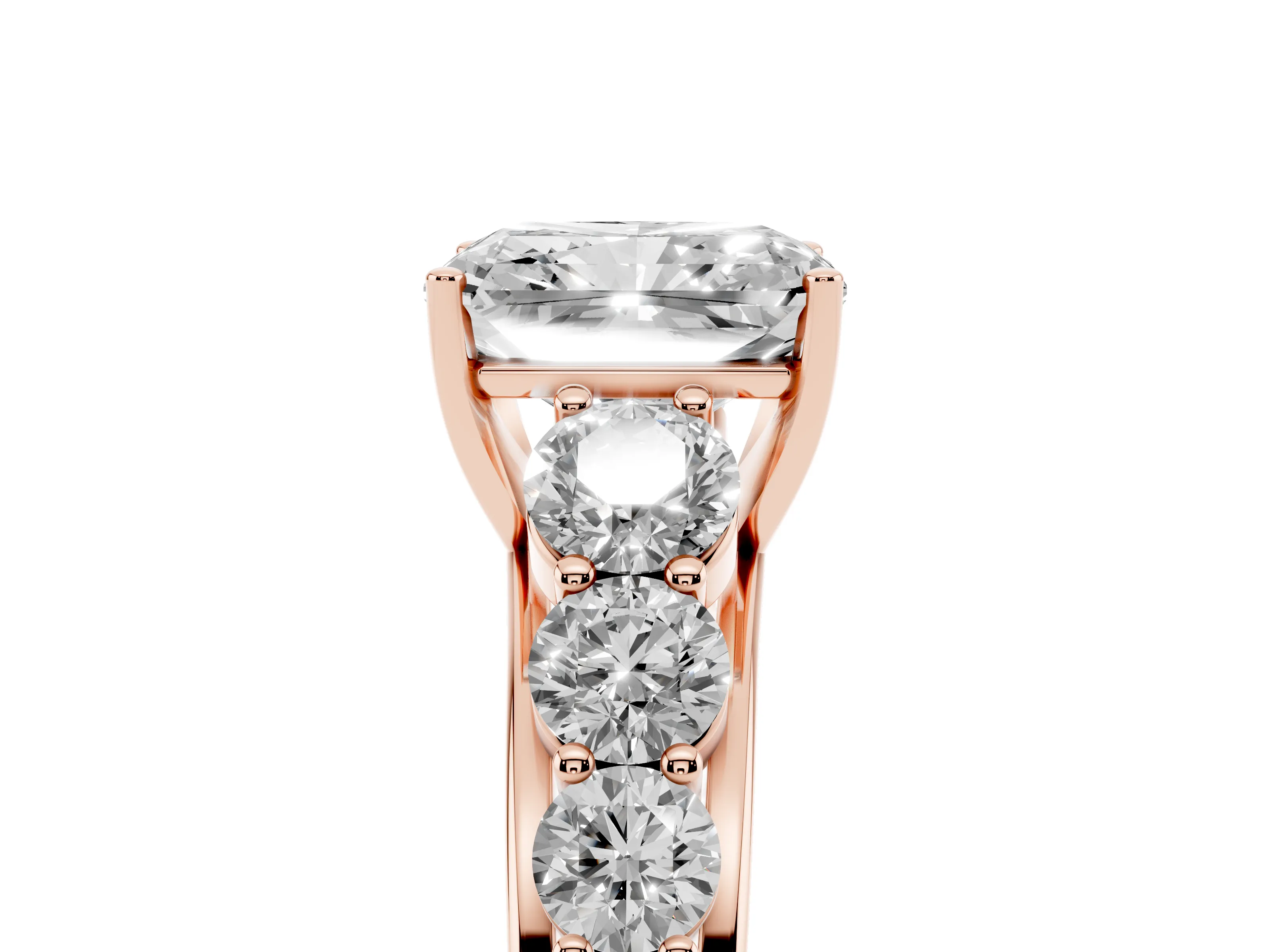 Radiant Cut Diamond Solitaire Ring Set in Rose gold with Pavé-Set Band and Prong Setting