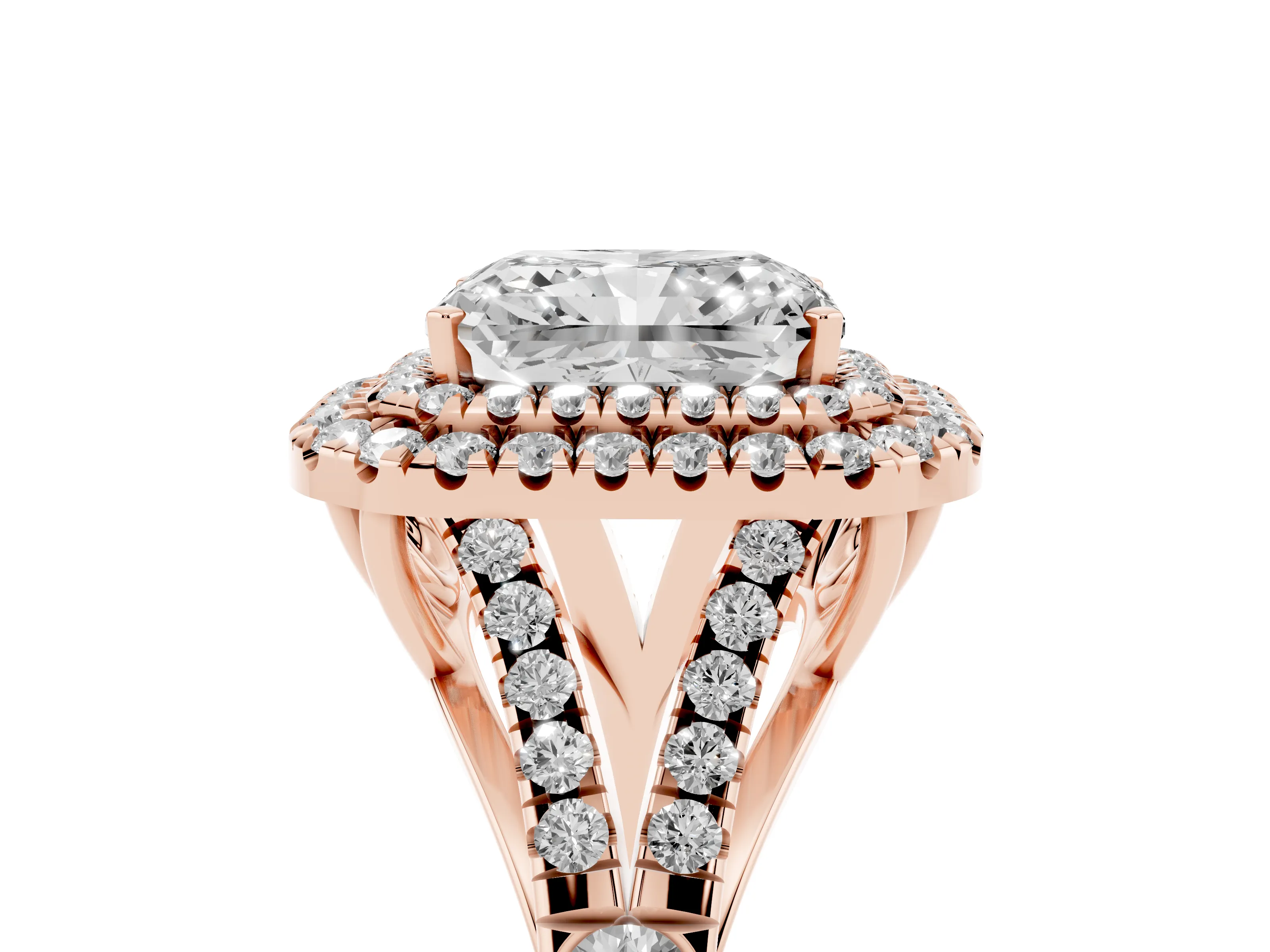Radiant Cut Diamond Pavé Split Shank Double Halo Engagement Ring Set in Rose gold